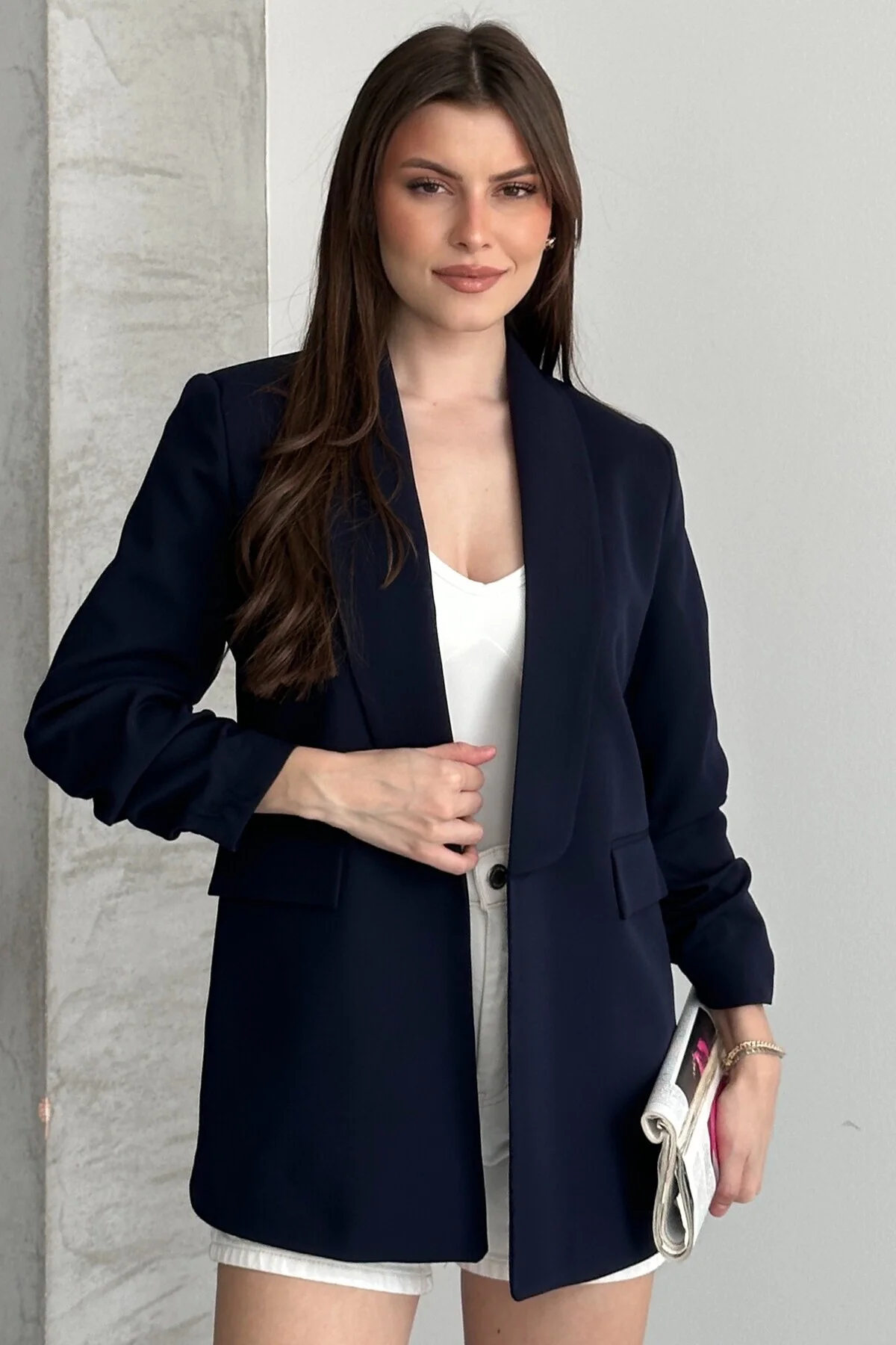 Kadın Bordo Blazer Ceket Büzgülü Kol Detaylı Şık Ofis Ceket Kruva