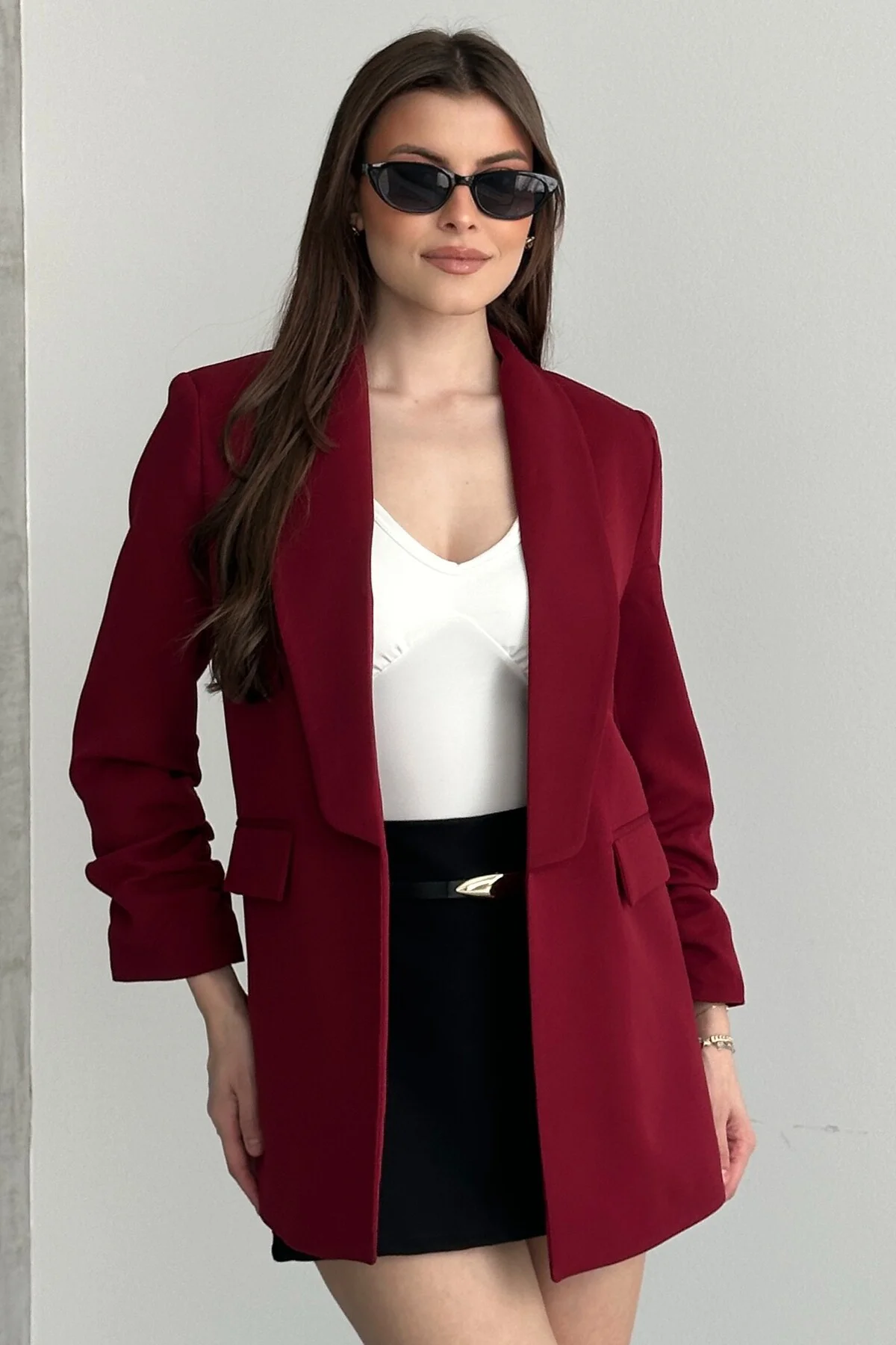 Kadın Bordo Blazer Ceket Büzgülü Kol Detaylı Şık Ofis Ceket Kruva
