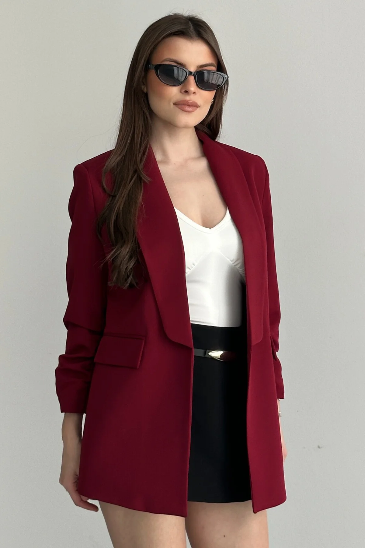 Kadın Bordo Blazer Ceket Büzgülü Kol Detaylı Şık Ofis Ceket Kruva