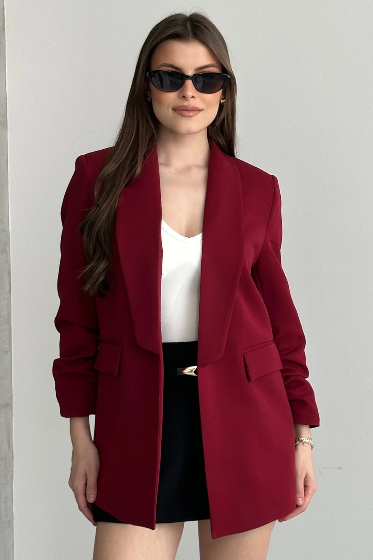 Kadın Bordo Blazer Ceket Büzgülü Kol Detaylı Şık Ofis Ceket Kruva