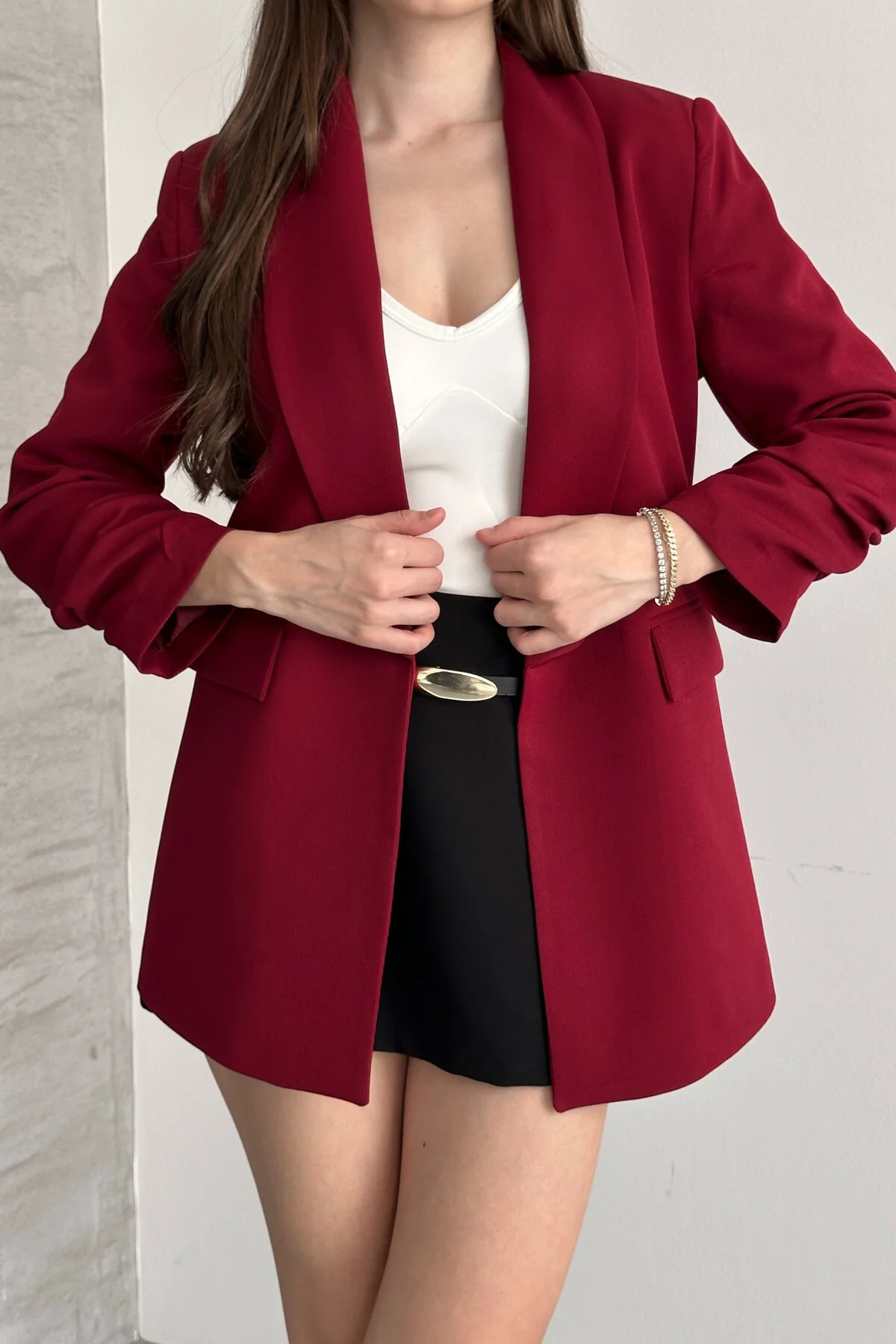 Kadın Bordo Blazer Ceket Büzgülü Kol Detaylı Şık Ofis Ceket Kruva