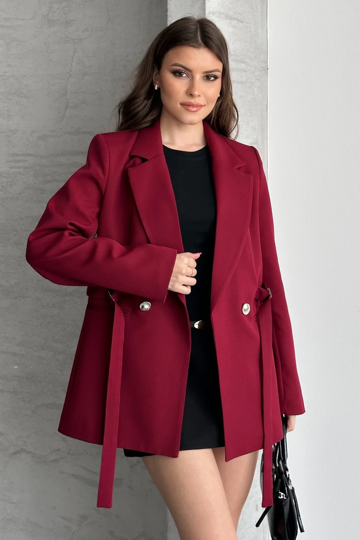 Kadın Bordo Çift Tokalı Kuşaklı Blazer Ceket Şık Kruvaze Ceket