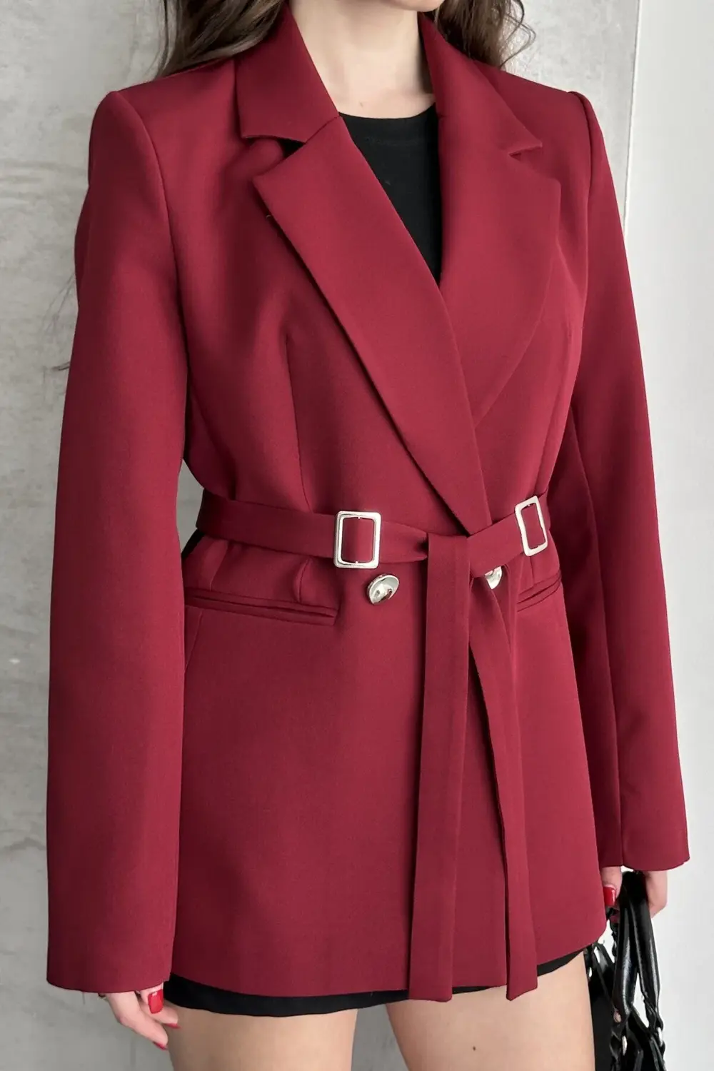 Kadın Bordo Çift Tokalı Kuşaklı Blazer Ceket Şık Kruvaze Ceket