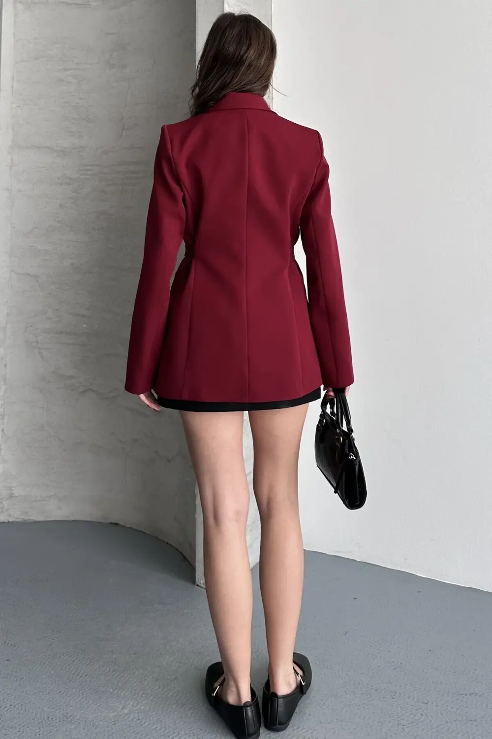 Kadın Bordo Çift Tokalı Kuşaklı Blazer Ceket Şık Kruvaze Ceket