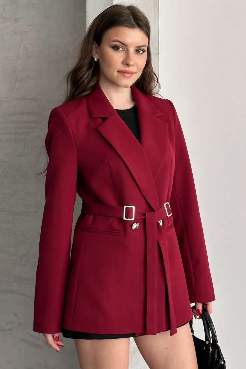 Kadın Bordo Çift Tokalı Kuşaklı Blazer Ceket Şık Kruvaze Ceket