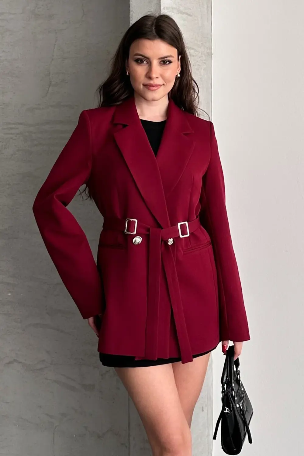 Kadın Bordo Çift Tokalı Kuşaklı Blazer Ceket Şık Kruvaze Ceket