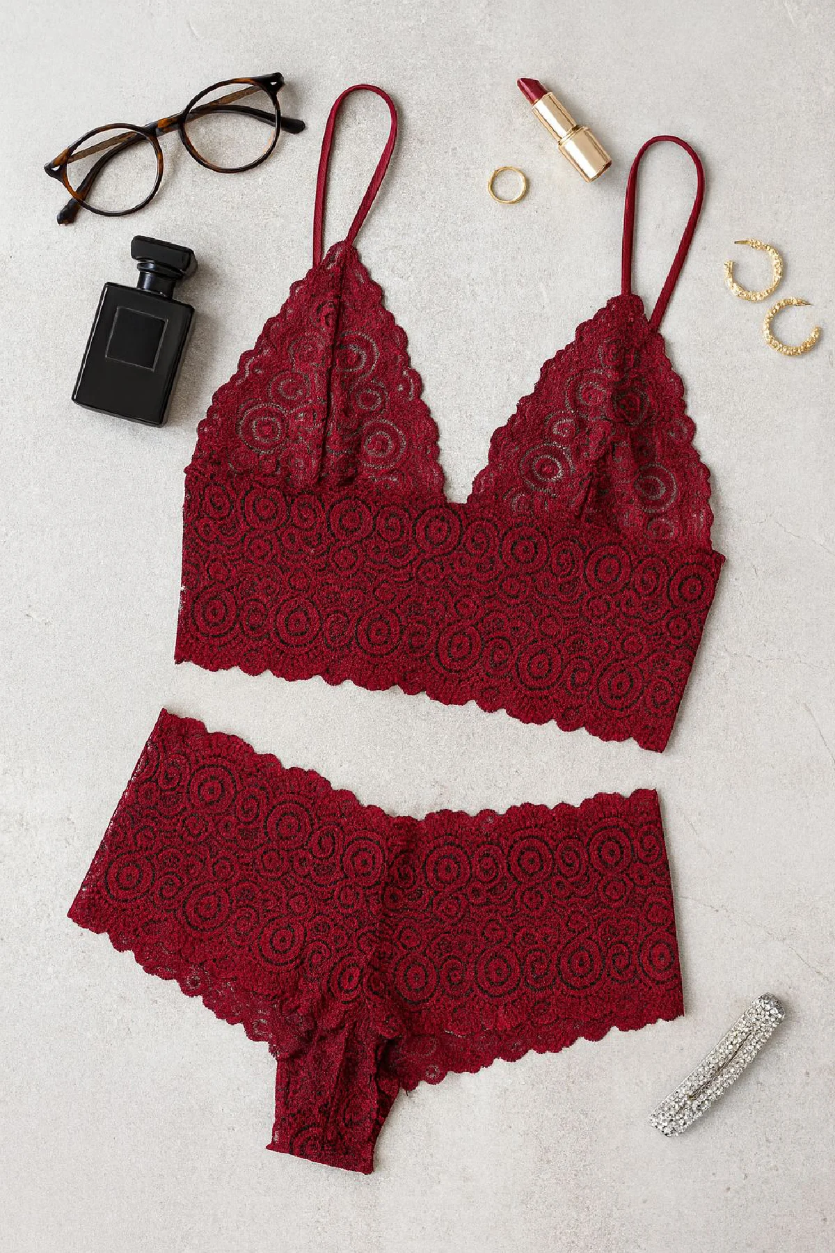 Kadın Bordo Dantel Bralet Şort Takımı – Asil ve Sofistike İç Giyi