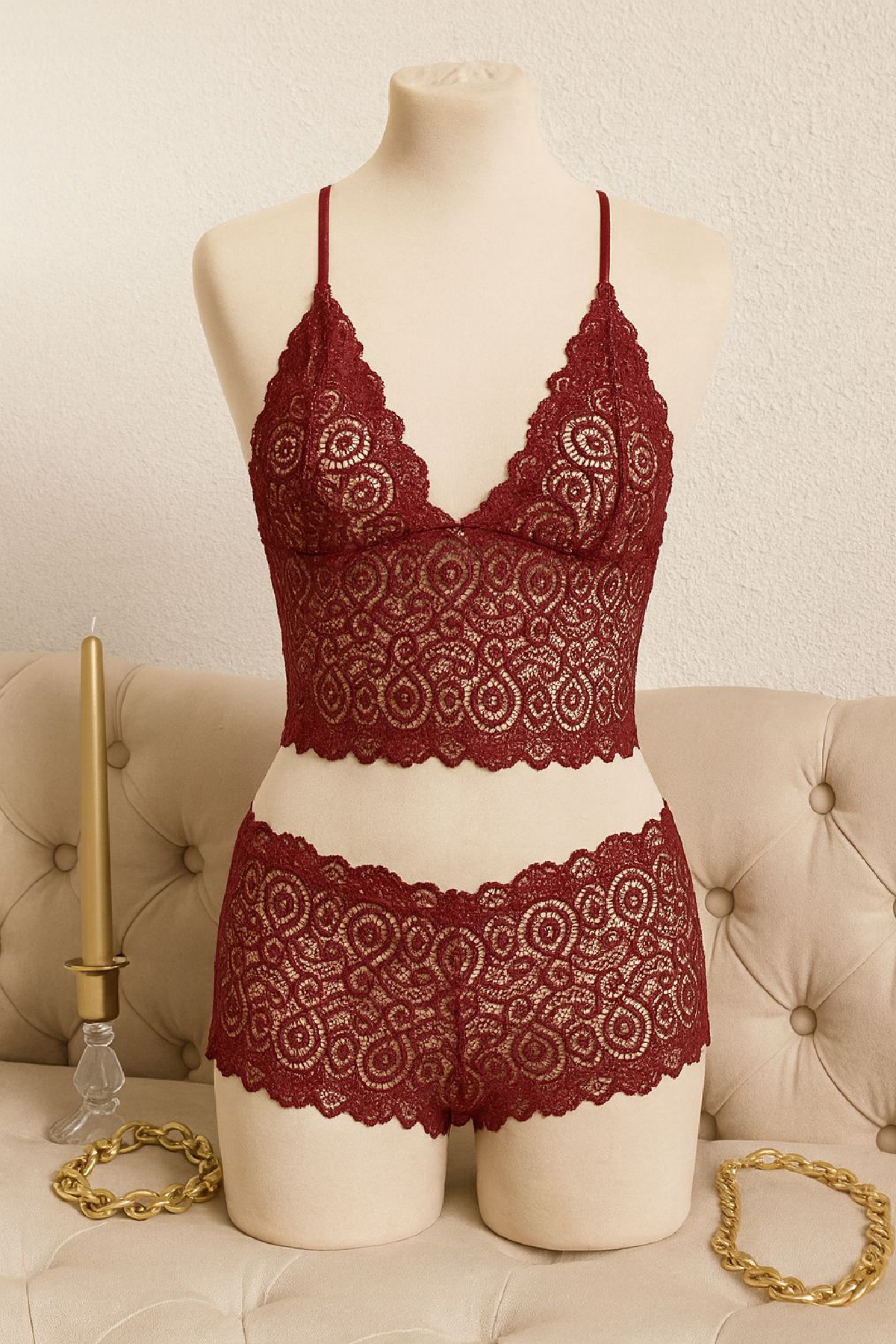 Kadın Bordo Dantel Bralet Şort Takımı – Asil ve Sofistike İç Giyi