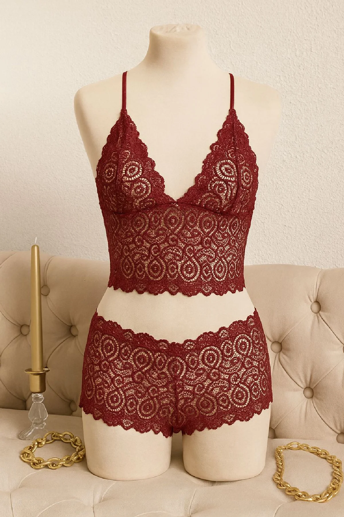 Kadın Bordo Dantel Bralet Şort Takımı – Asil ve Sofistike İç Giyi