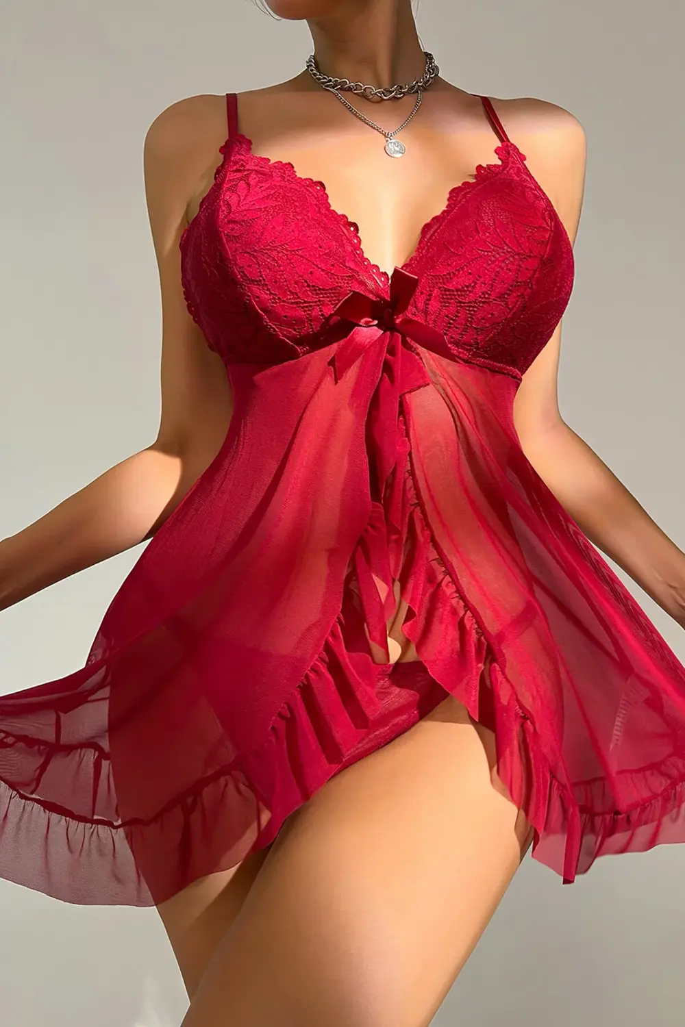 Pilelistore Kadın Bordo Dantelli, Fırfırlı Tül Ve Fiyonk Detaylı Tangalı Gece