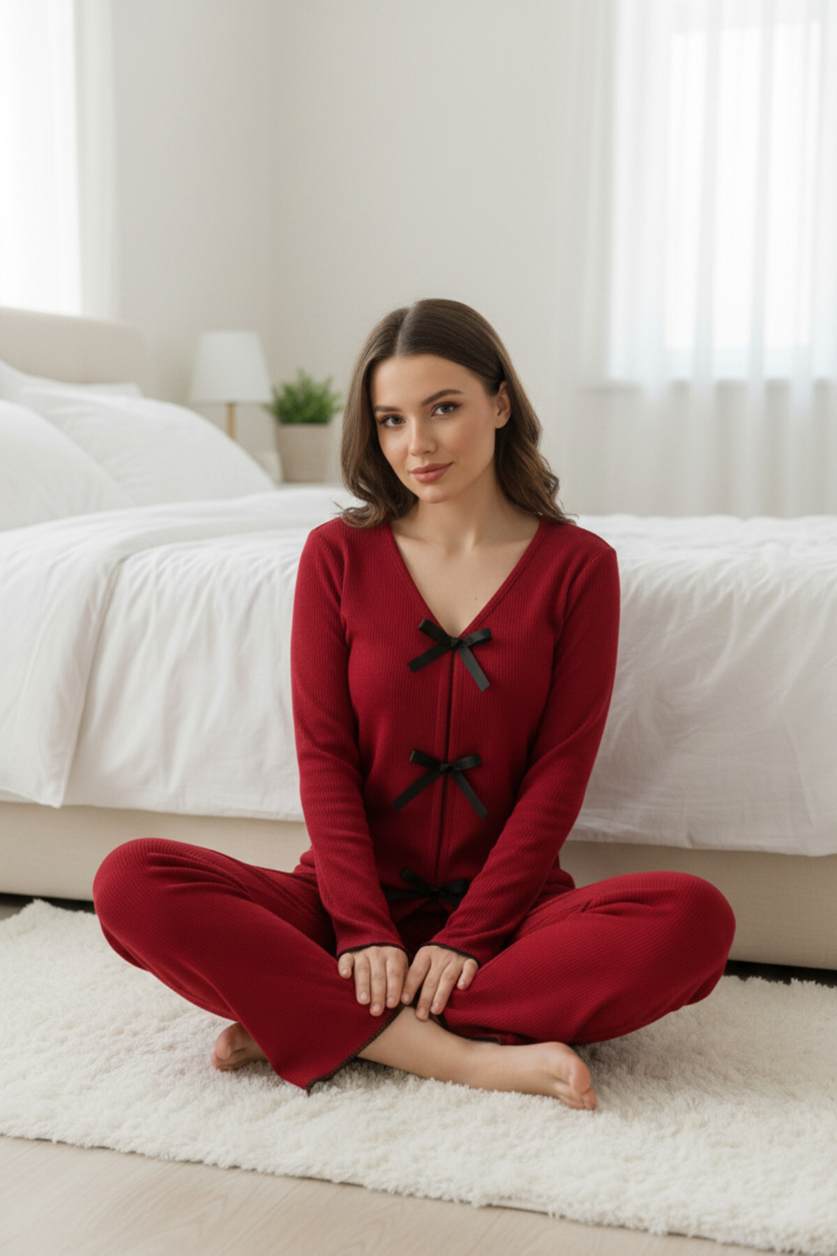 Kadın Bordo Fiyonklu İç Çamaşırı ve Uzun Kollu V Yaka Pijama Takı