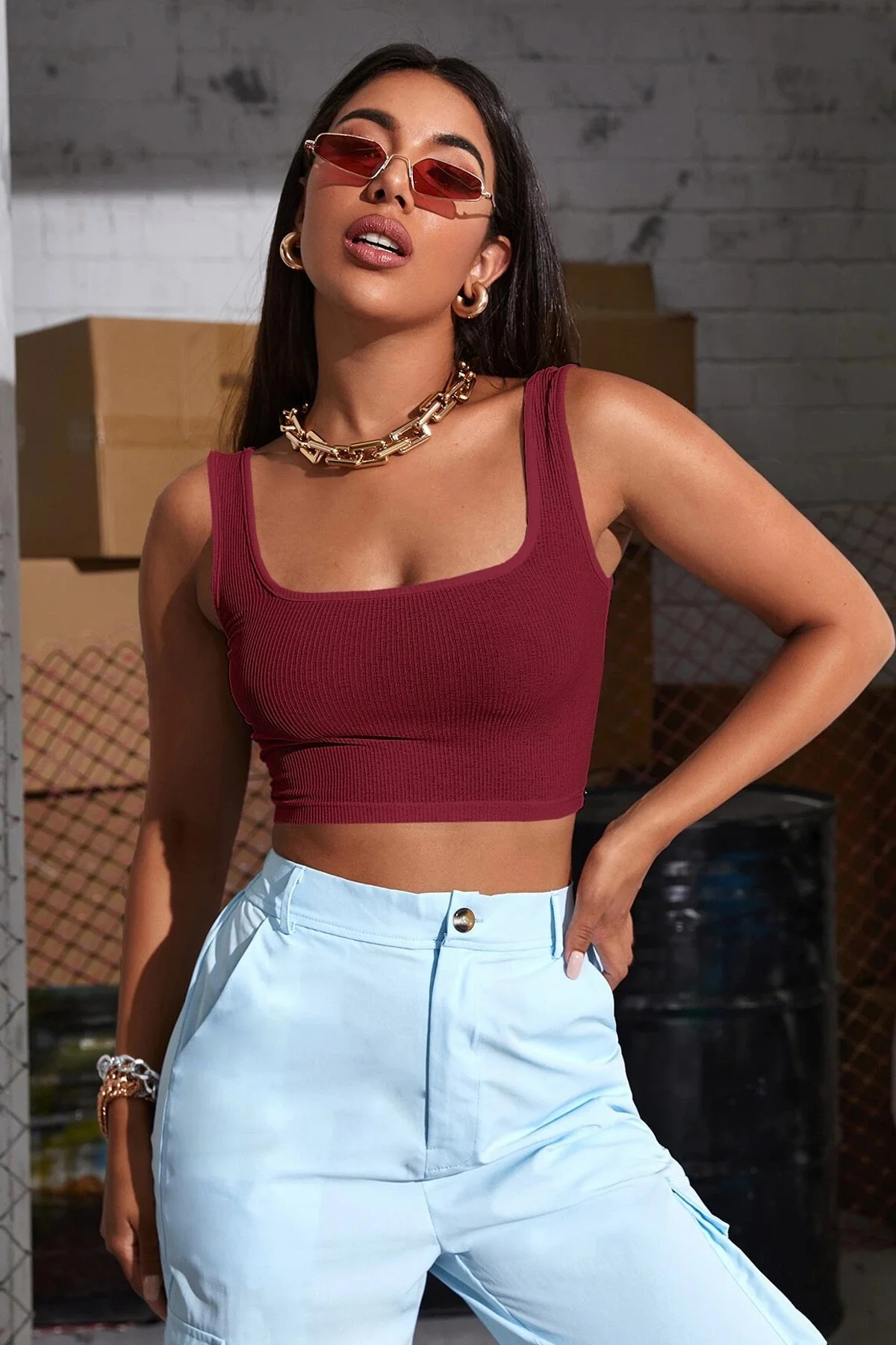 Kadın Bordo Kalın Askılı Crop Top Büstiyer - Trendy & Rahat