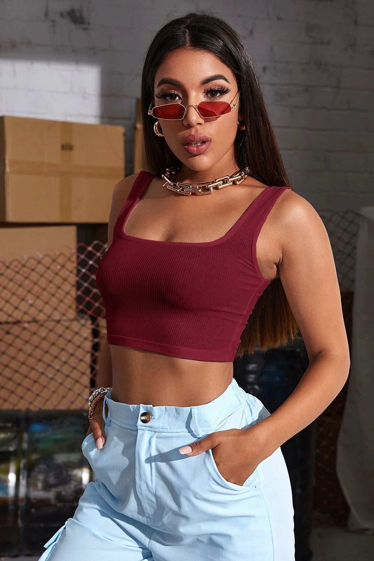 Kadın Bordo Kalın Askılı Crop Top Büstiyer - Trendy & Rahat