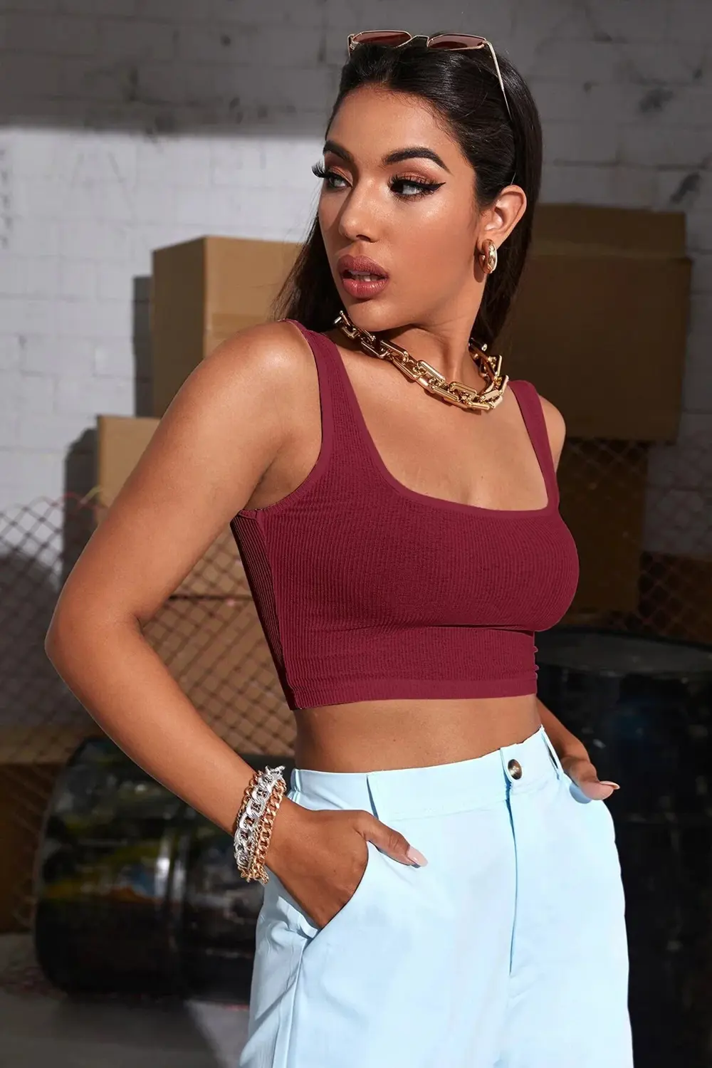 Kadın Bordo Kalın Askılı Crop Top Büstiyer