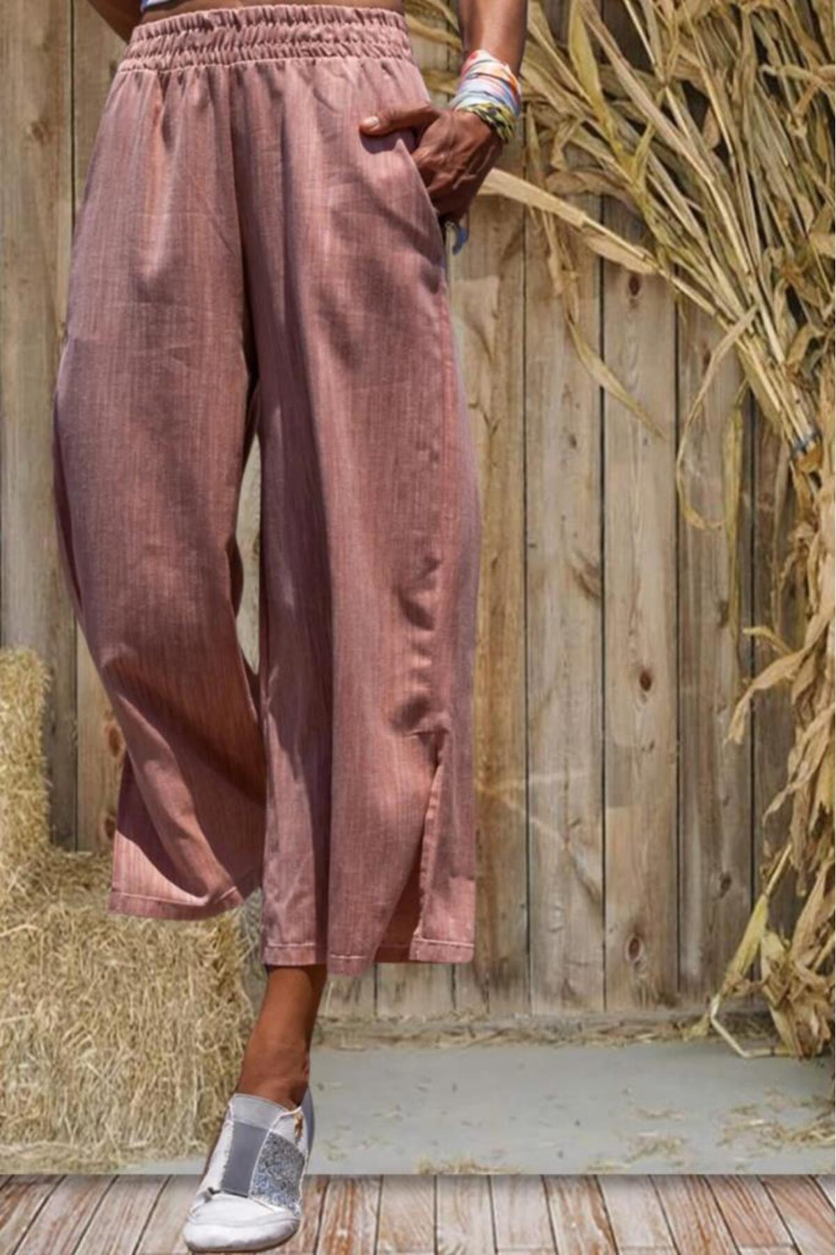 Pasaklı Giyim Kadın Bordo Keten Beli Lastikli Cepli Paçası Yırtmaçlı Salaş Kapr