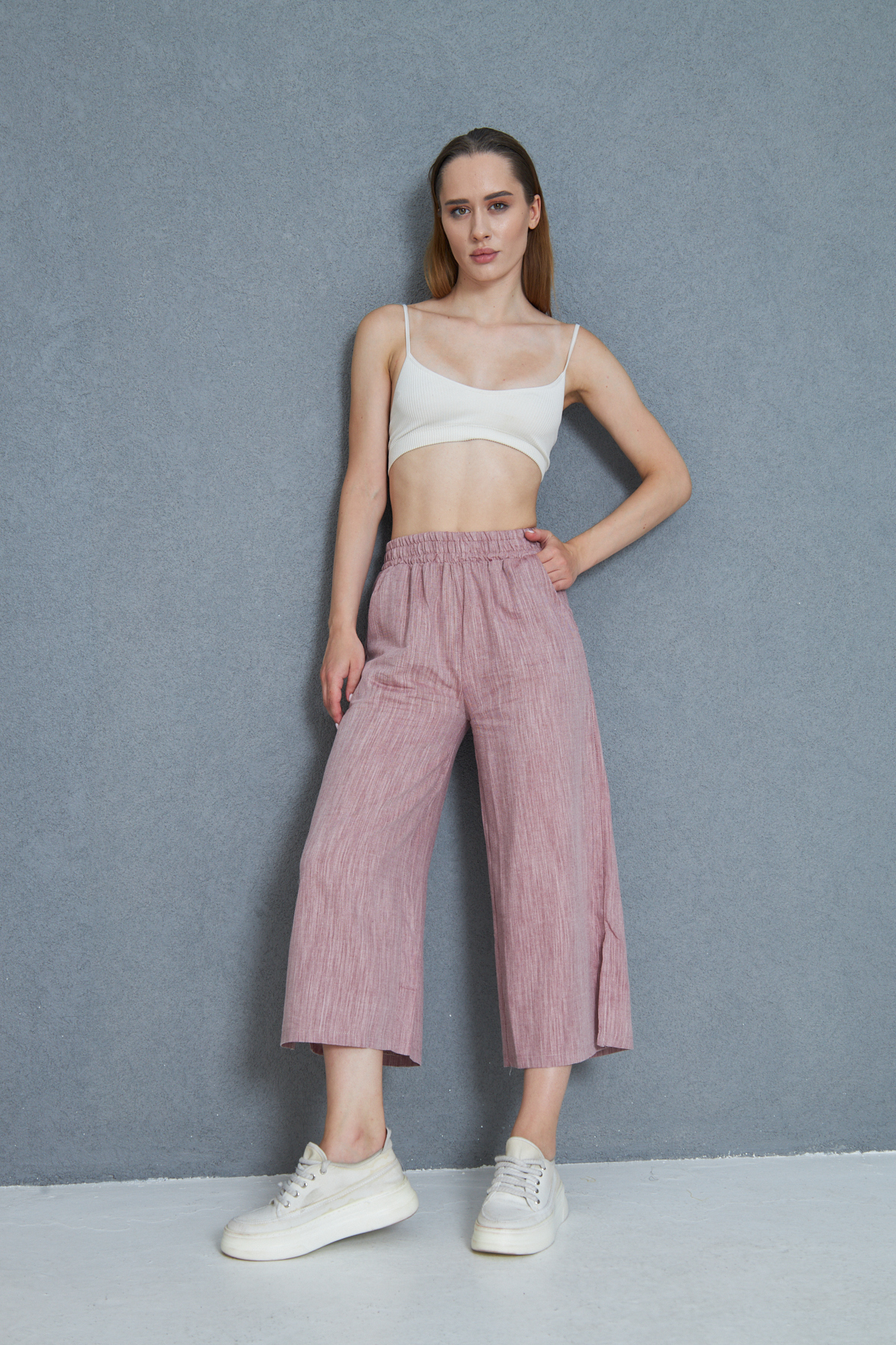 Pasaklı Giyim Kadın Bordo Keten Beli Lastikli Cepli Paçası Yırtmaçlı Salaş Kapr