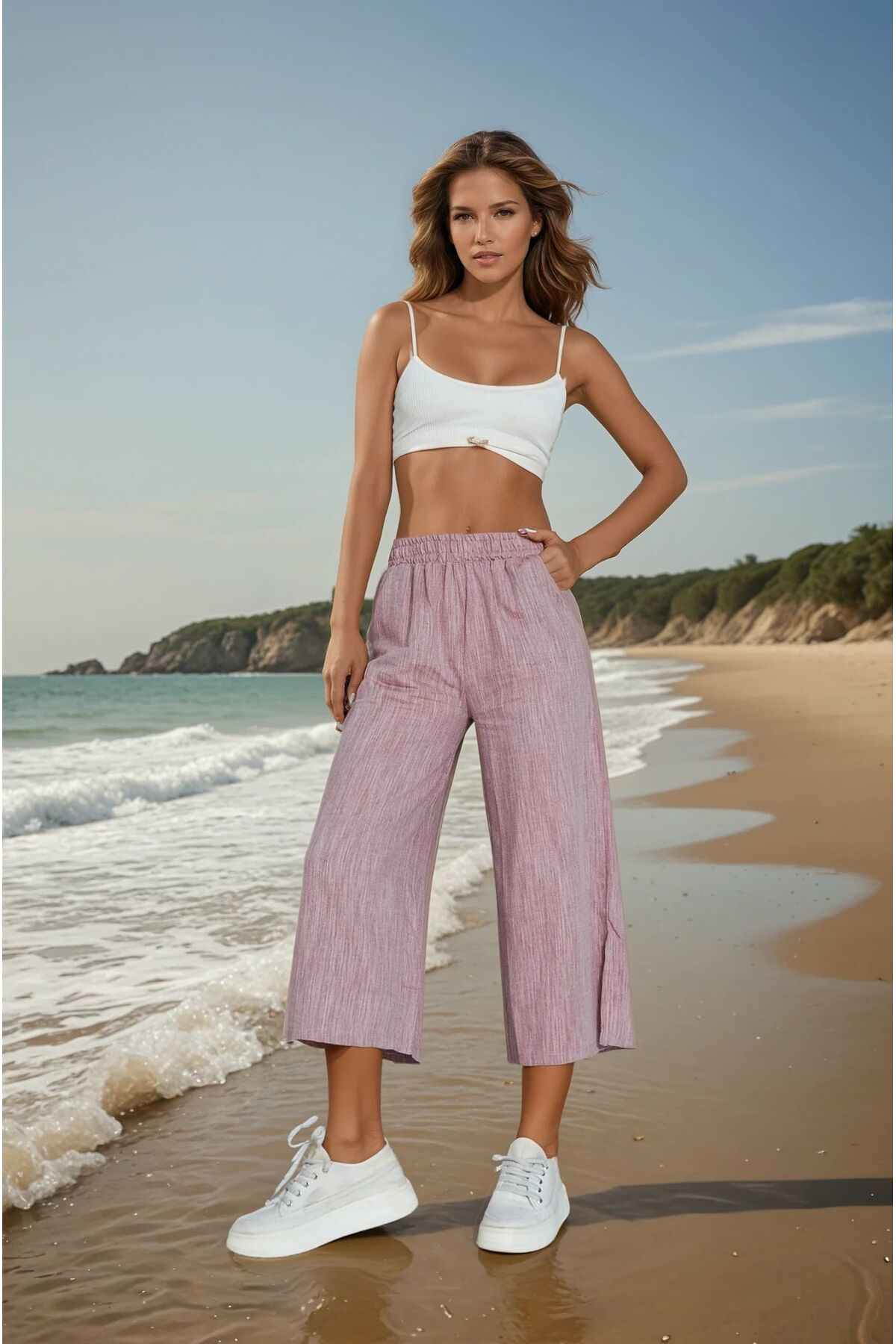 Pasaklı Giyim Kadın Bordo Keten Beli Lastikli Cepli Paçası Yırtmaçlı Salaş Kapr