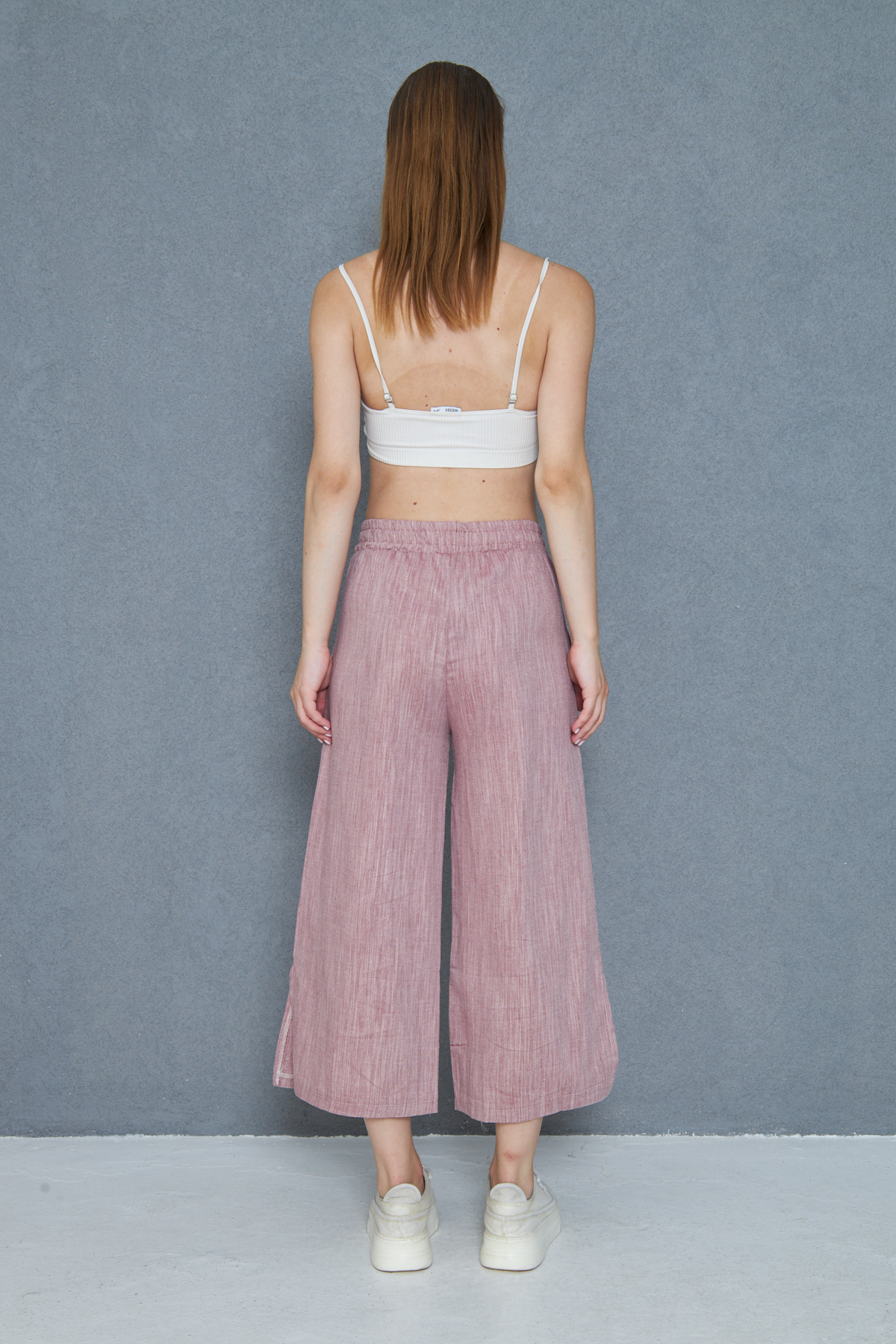 Pasaklı Giyim Kadın Bordo Keten Beli Lastikli Cepli Paçası Yırtmaçlı Salaş Kapr