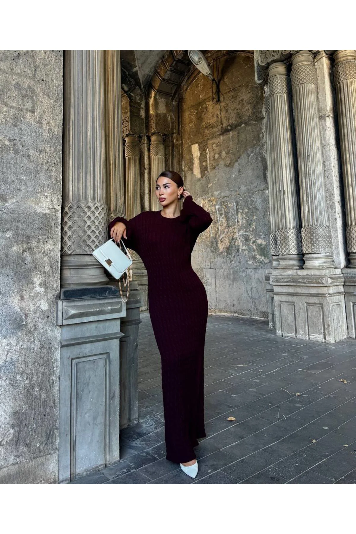 Kadın Bordo Saç Örgüsü Detaylı Triko Elbise Kadın Bordo Saç Örgüsü Detaylı Triko Elbise