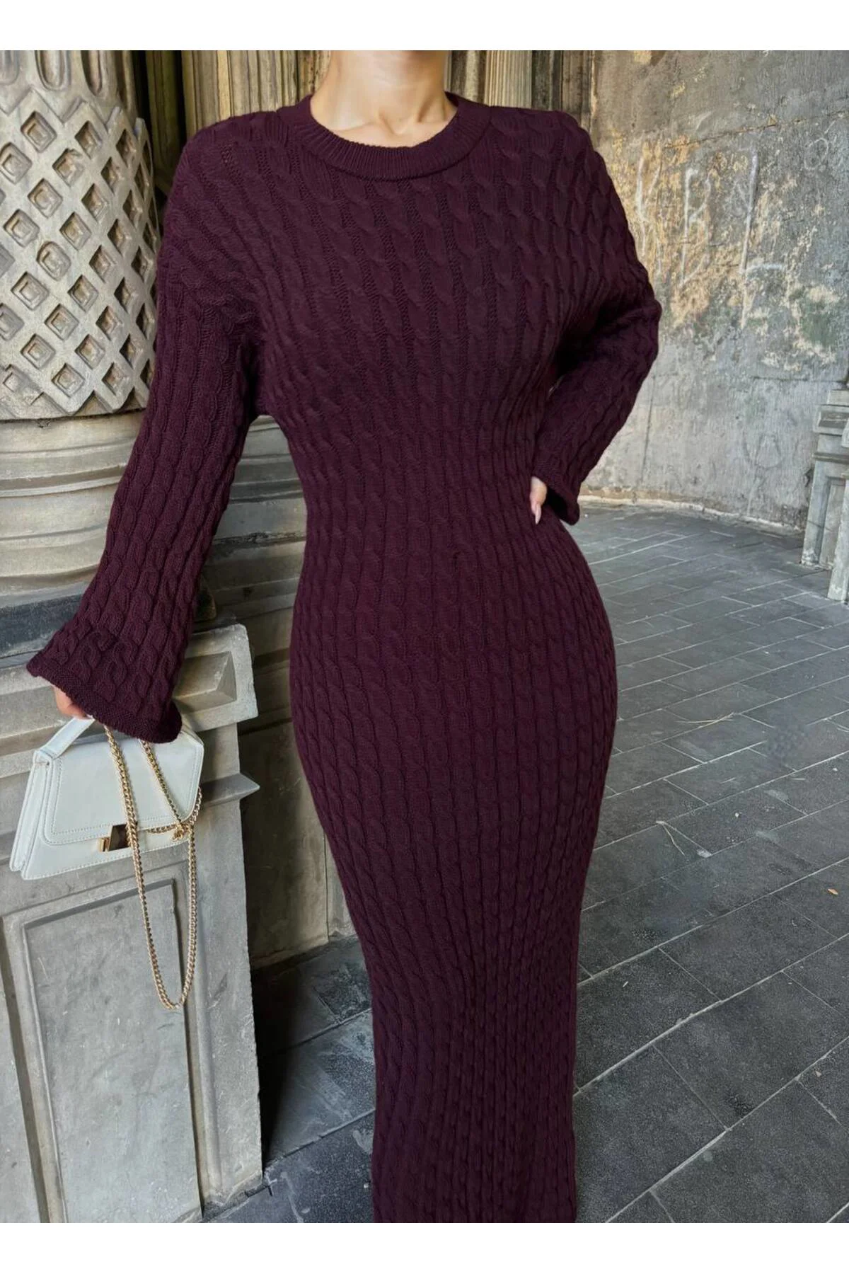 Kadın Bordo Saç Örgüsü Detaylı Triko Elbise Kadın Bordo Saç Örgüsü Detaylı Triko Elbise