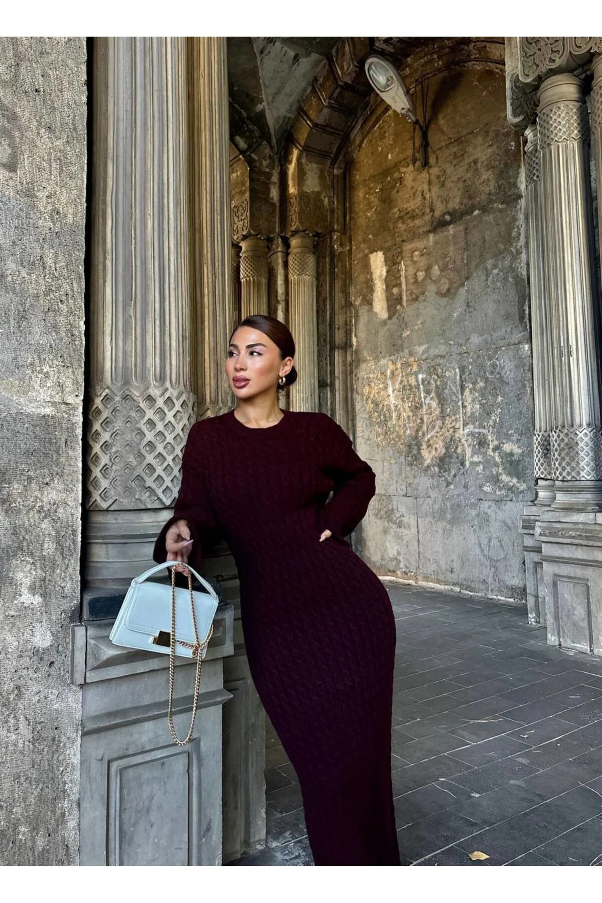 Kadın Bordo Saç Örgüsü Detaylı Triko Elbise Kadın Bordo Saç Örgüsü Detaylı Triko Elbise