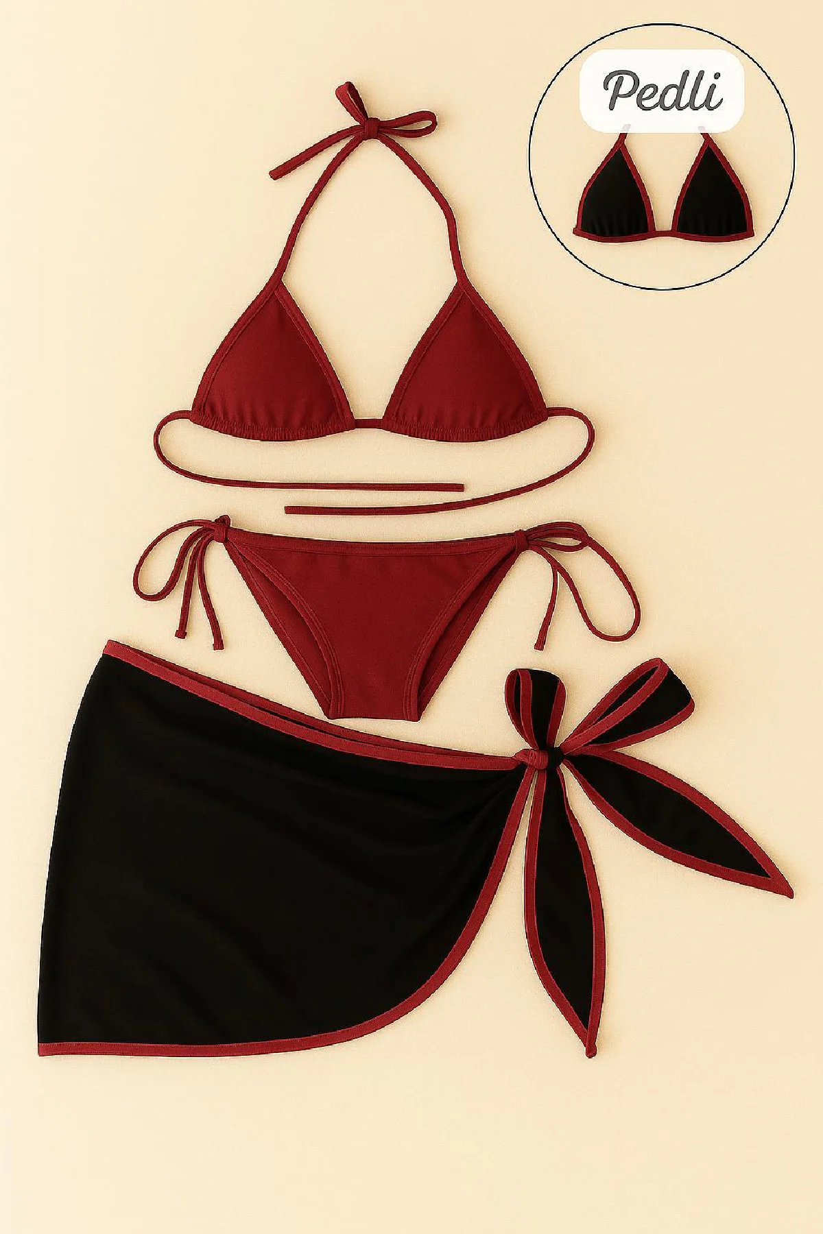 Kadın Bordo Siyah Pareolu 3'lü Bikini Takımı - Yandan ve Boyundan Bağlamalı Mikro Likralı Etekli Plaj Seti Fiyatı, Yorumları ve Özellikleri
