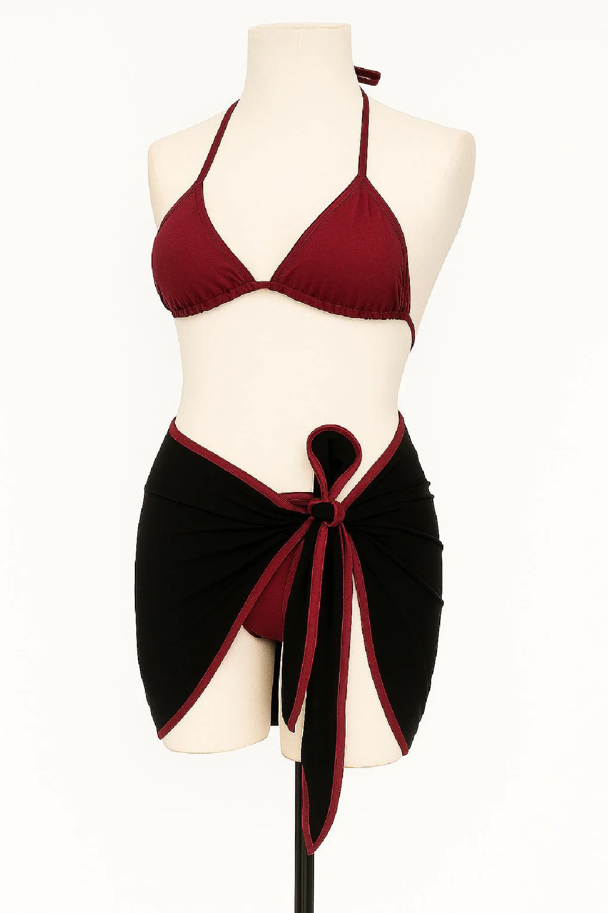 Kadın Bordo Siyah Pareolu 3'lü Bikini Takımı - Yandan ve Boyundan Bağlamalı Mikro Likralı Etekli Plaj Seti Fiyatı, Yorumları ve Özellikleri