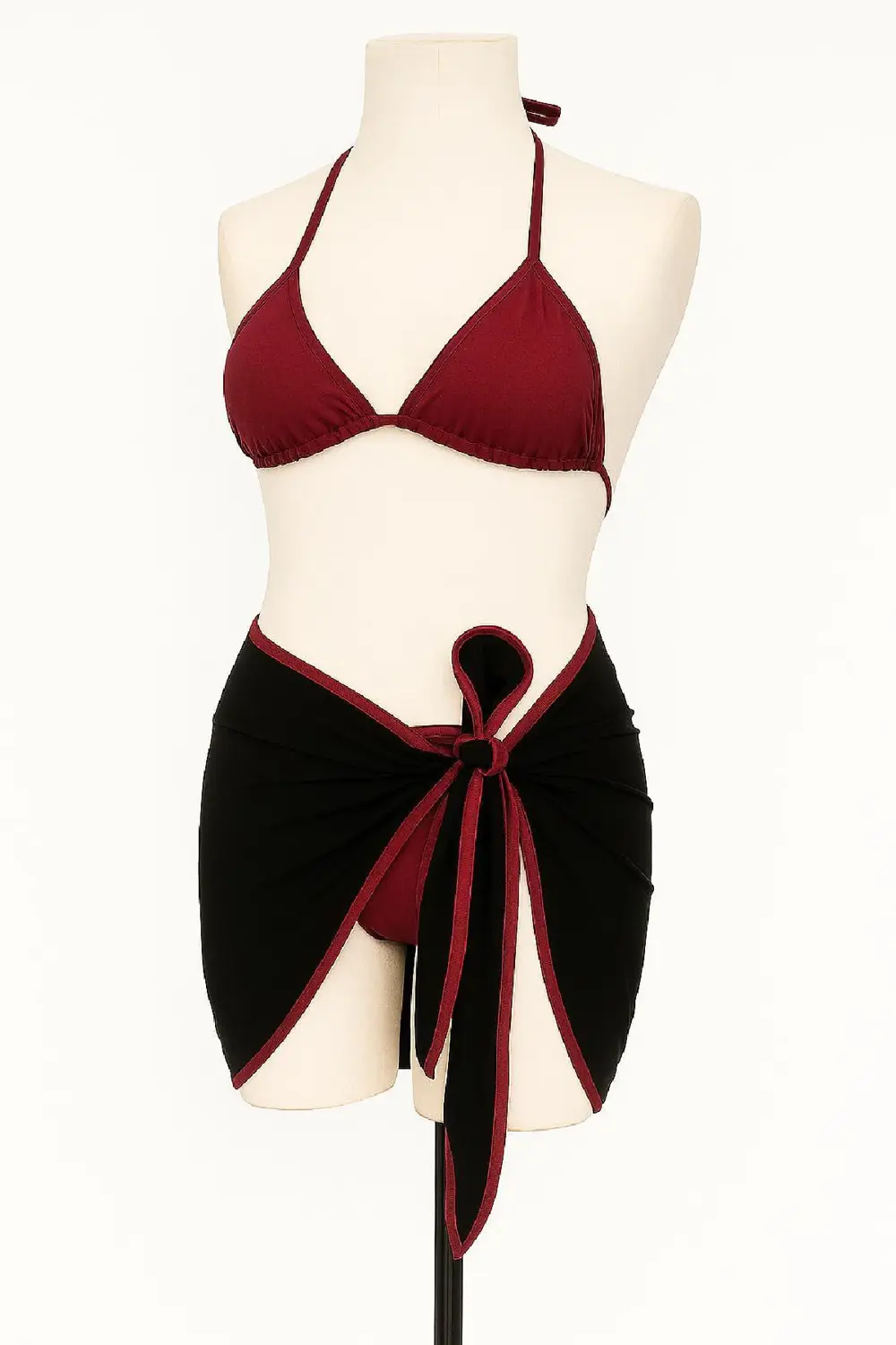Kadın Bordo Siyah Pareolu Yandan Ve Boyundan Bağlamalı 3'lü Bikin