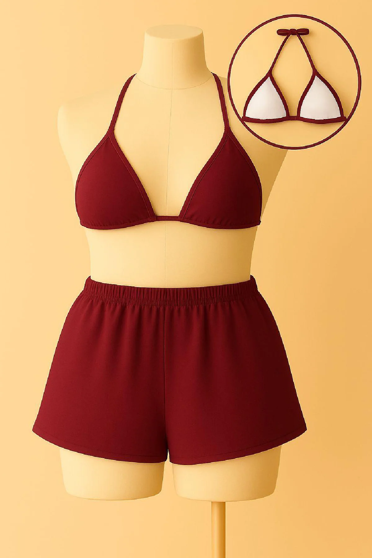 Kadın Bordo Şortlu Belden ve Boyundan Bağlamalı Bikini Takımı – Plaj ve deniz için konforlu bikini Fiyatı, Yorumları ve Özellikleri
