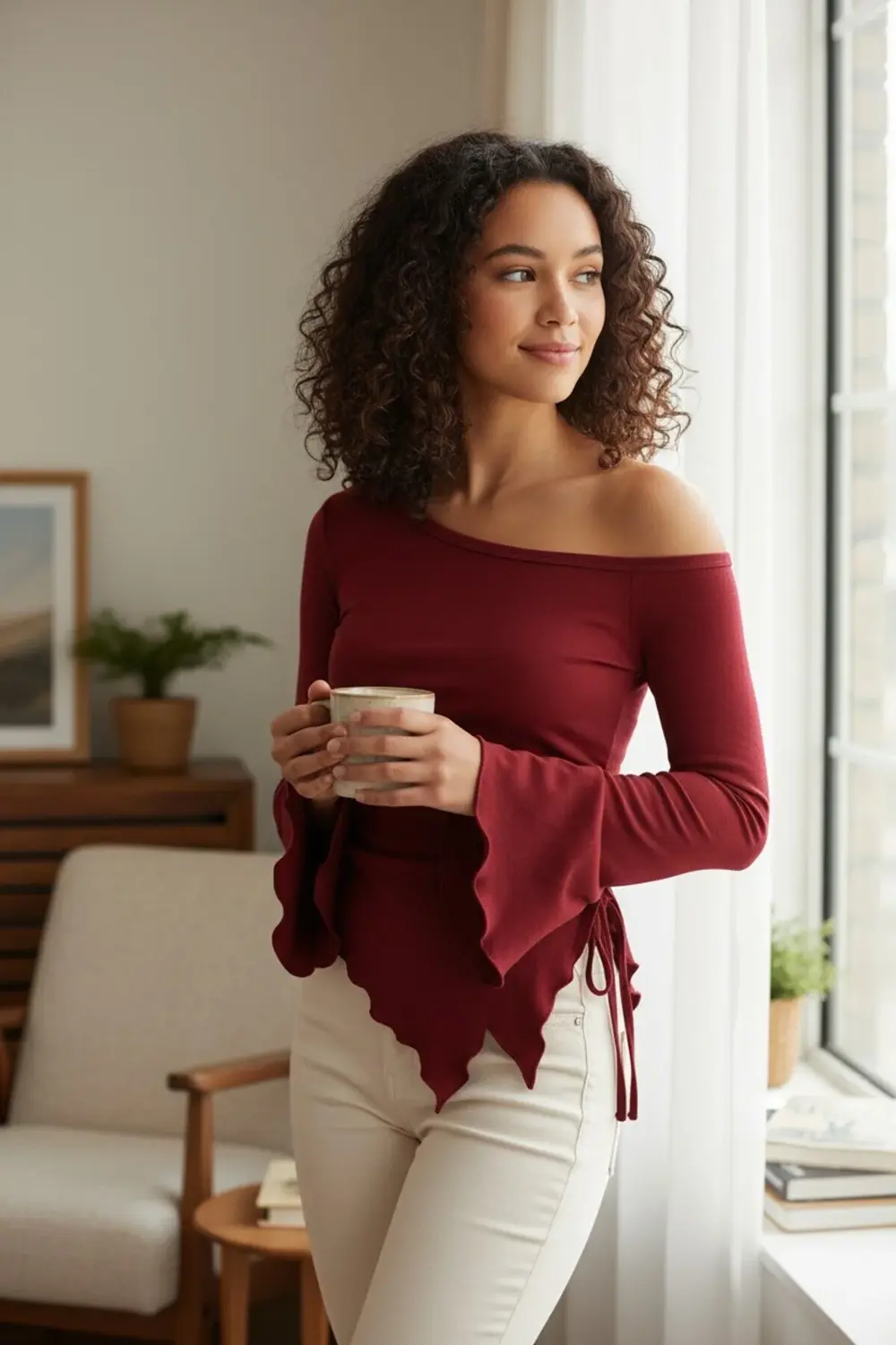 Kadın Bordo Uzun İspanyol Kollu Asimetirik Yaka Yandan Bağlamalı