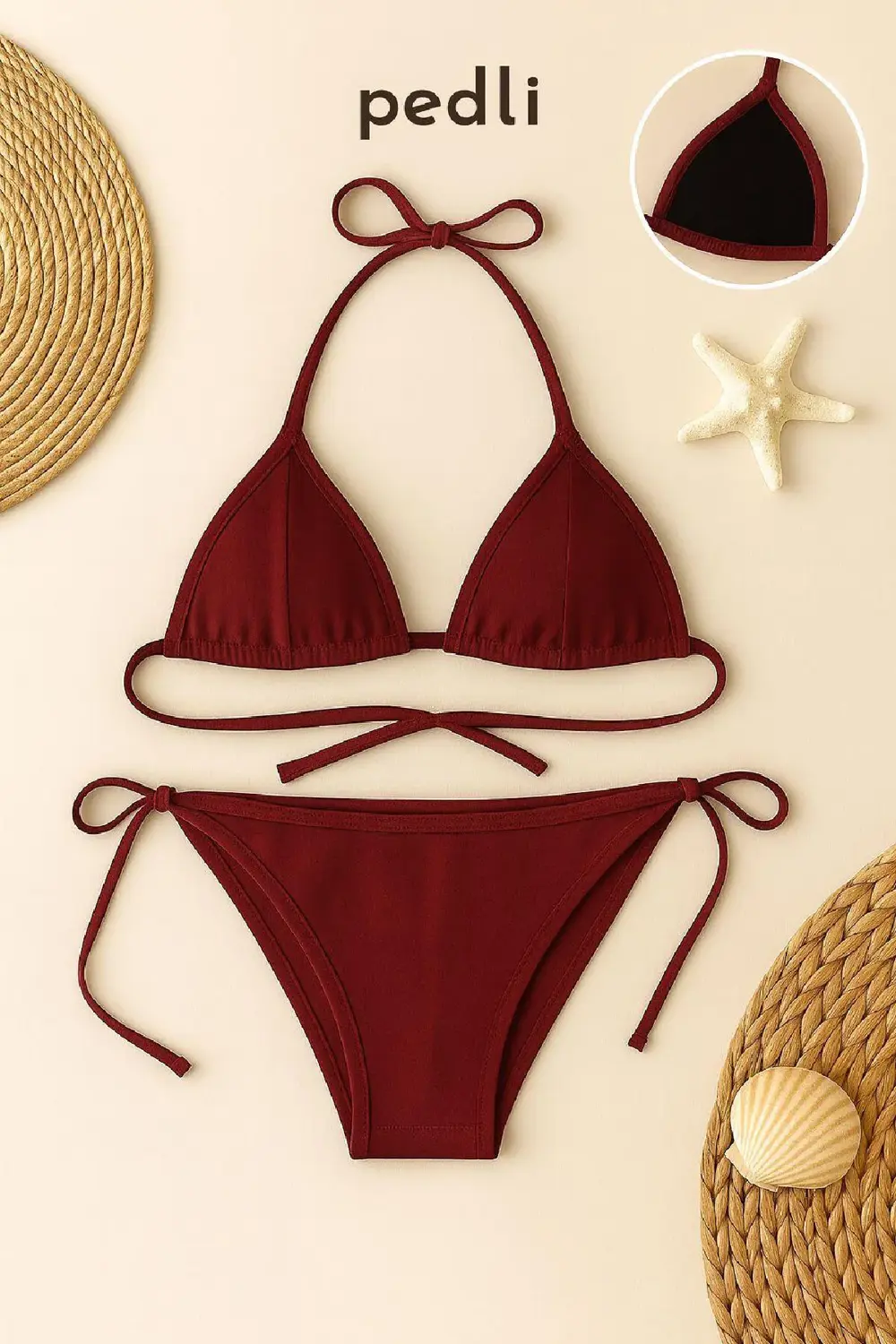 Pilelistore Kadın Bordo Yandan Ve Boyundan Bağlamalı Bikini Mayo Takımı