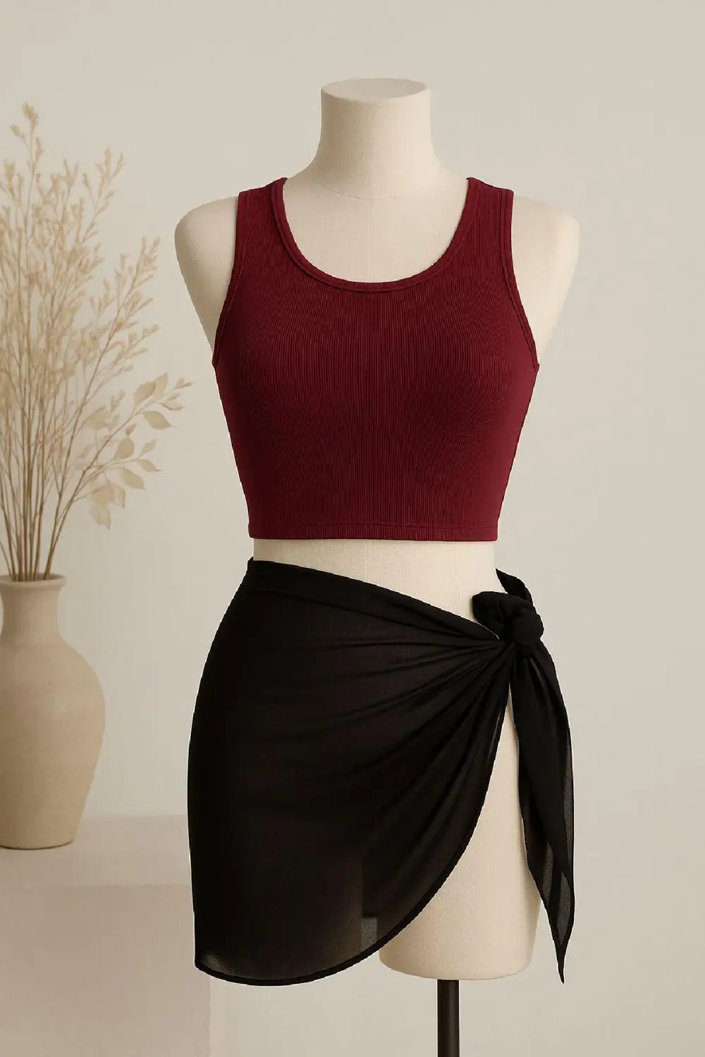 Kadın Bordo Yuvarlak Yaka Crop Ve Siyah Pareo 2'li Set