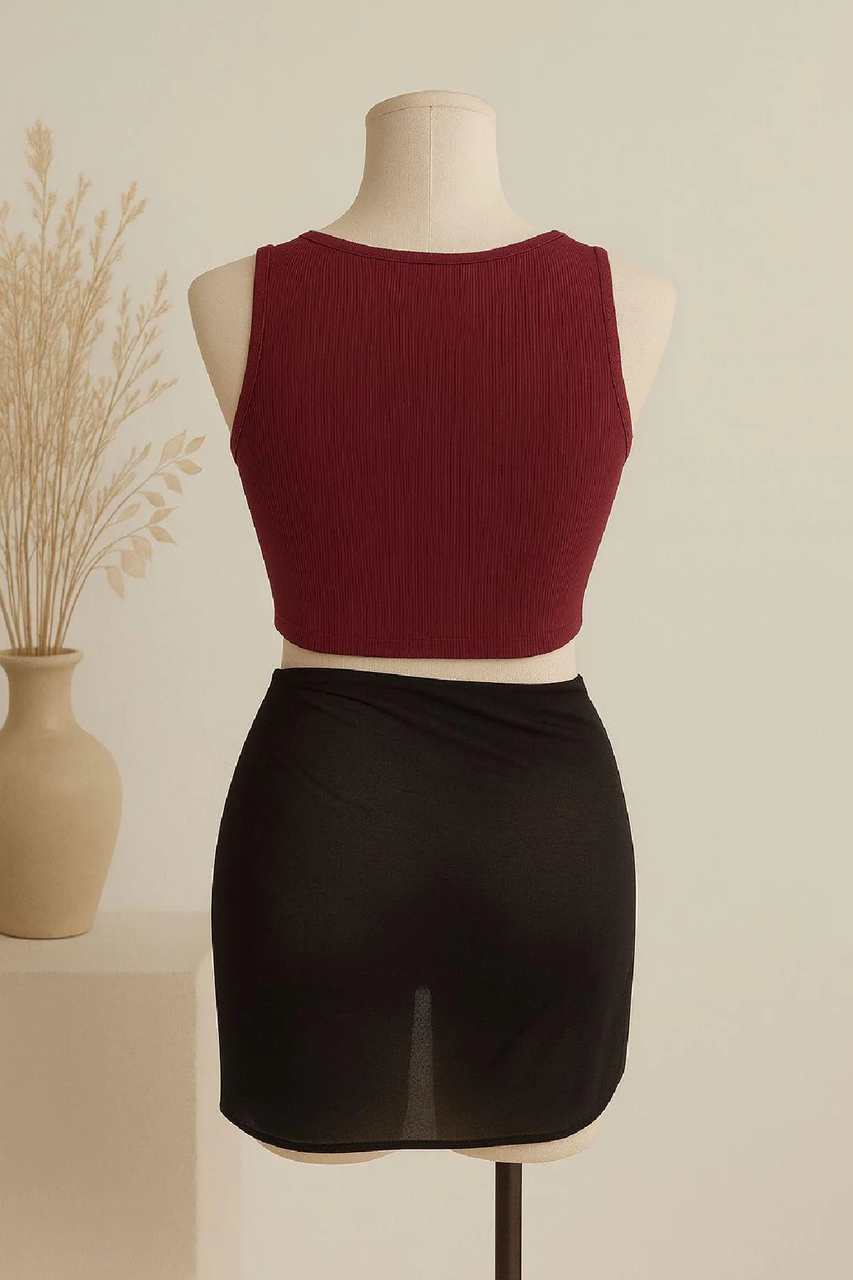 Kadın Bordo Yuvarlak Yaka Crop ve Siyah Pareo 2'li Set