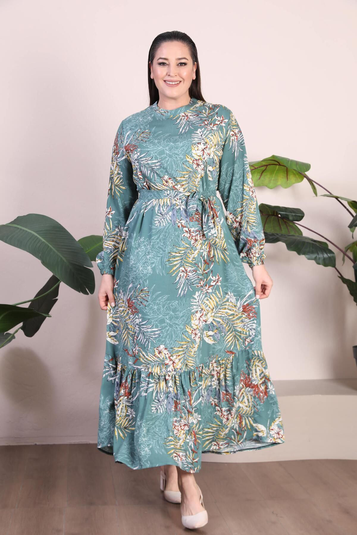 Kadin Büyük Beden Elbise Palmiye Desenli Viskon Elbise