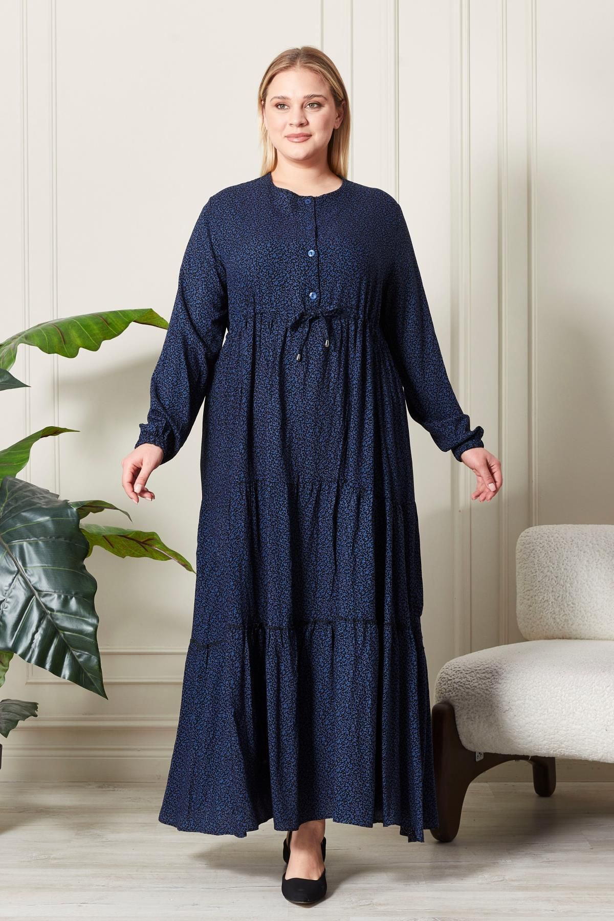 Kadın Büyük Beden Çıtır Kumaş Düğmeli Elbise