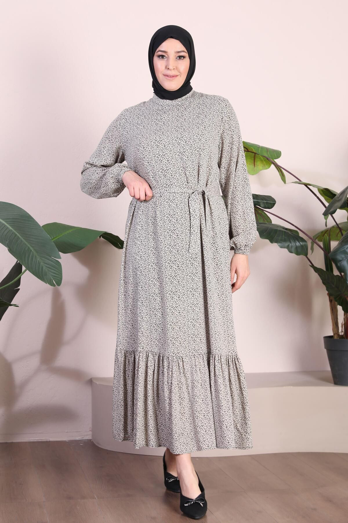 Kadin Buyuk Beden Elbise Tesettur Giyim Hakim Yaka Çıtır Desen
