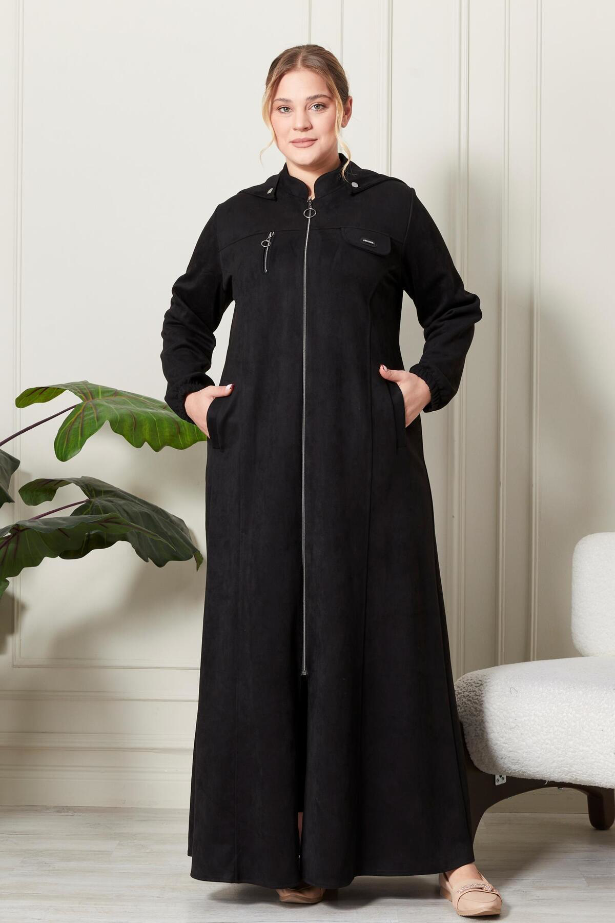 Kadın Büyük Beden Tesettür Süet Kap - Boydan Göğsü Fermuarlı Kapü