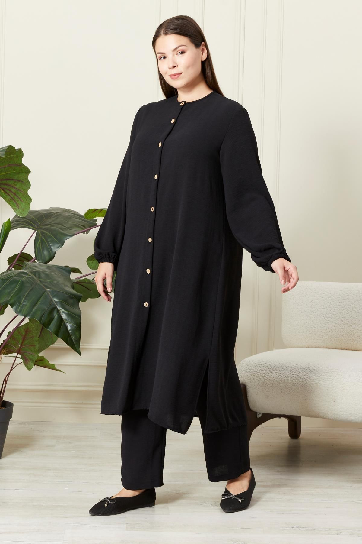 Ferace Kadın Büyük Beden Keten Ayrobin 2'Li Takım