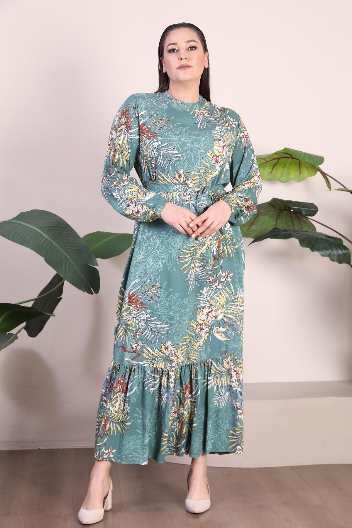 Kadin Büyük Beden Elbise Palmiye Desenli Viskon Elbise