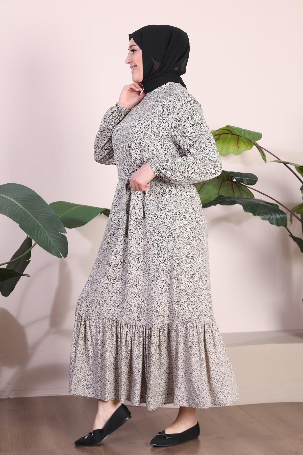 Kadin Buyuk Beden Elbise Tesettur Giyim Hakim Yaka Çıtır Desen