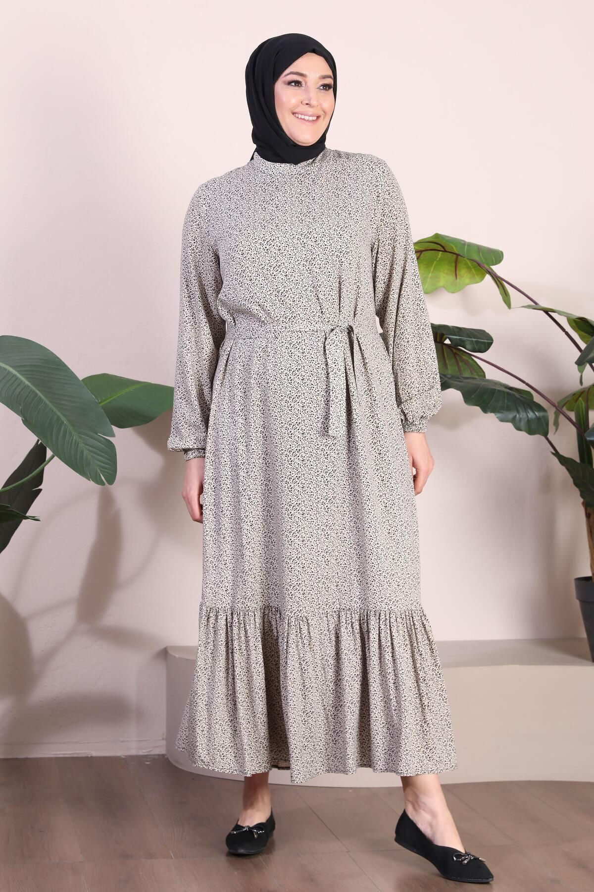 Kadin Buyuk Beden Elbise Tesettur Giyim Hakim Yaka Çıtır Desen