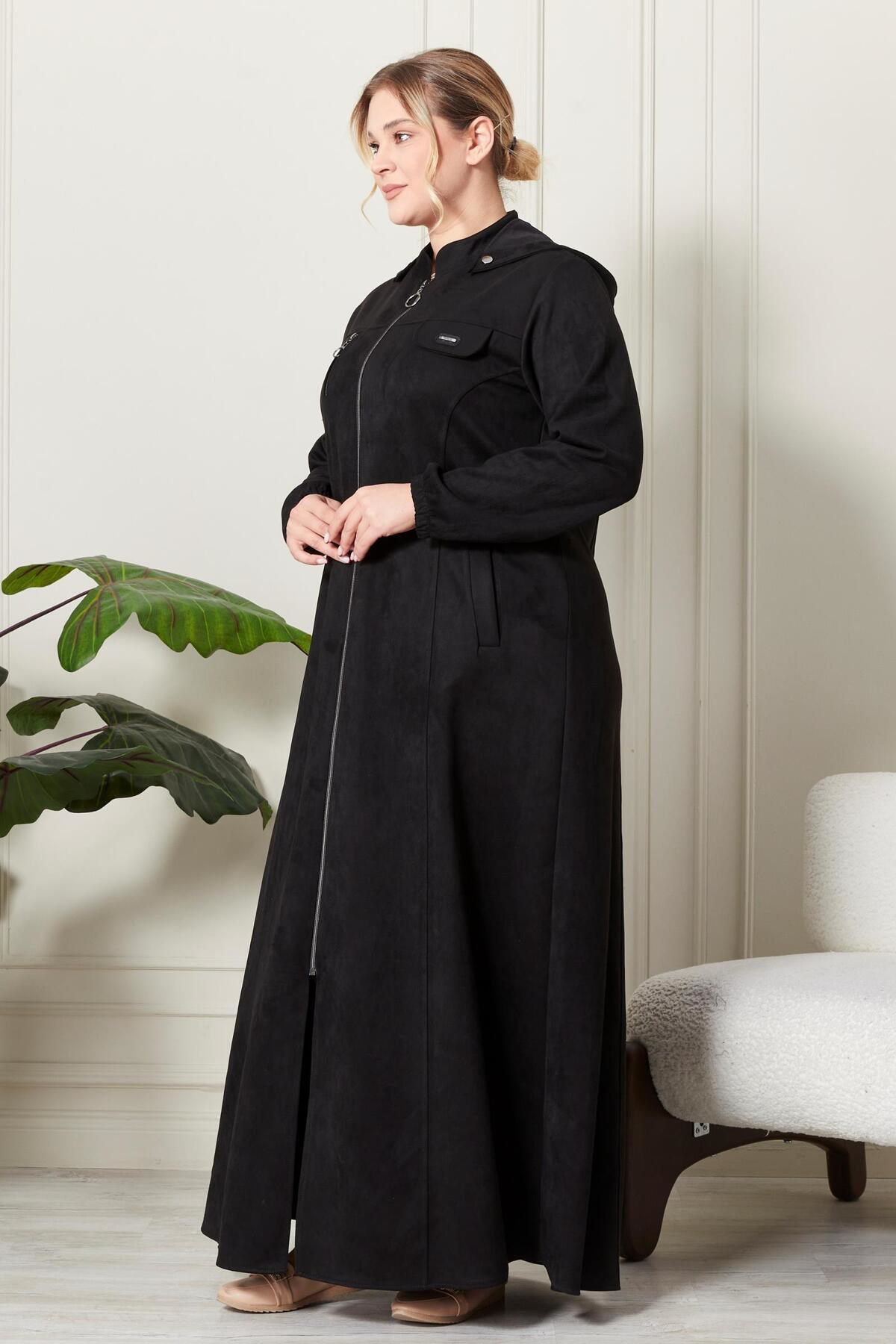 Kadın Büyük Beden Tesettür Süet Kap - Boydan Göğsü Fermuarlı Kapü