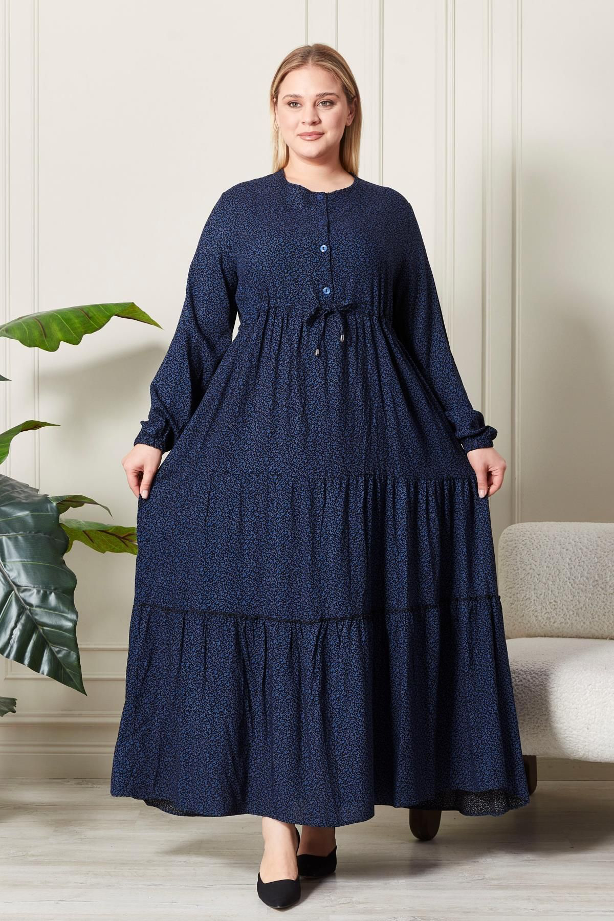 Kadın Büyük Beden Çıtır Kumaş Düğmeli Elbise