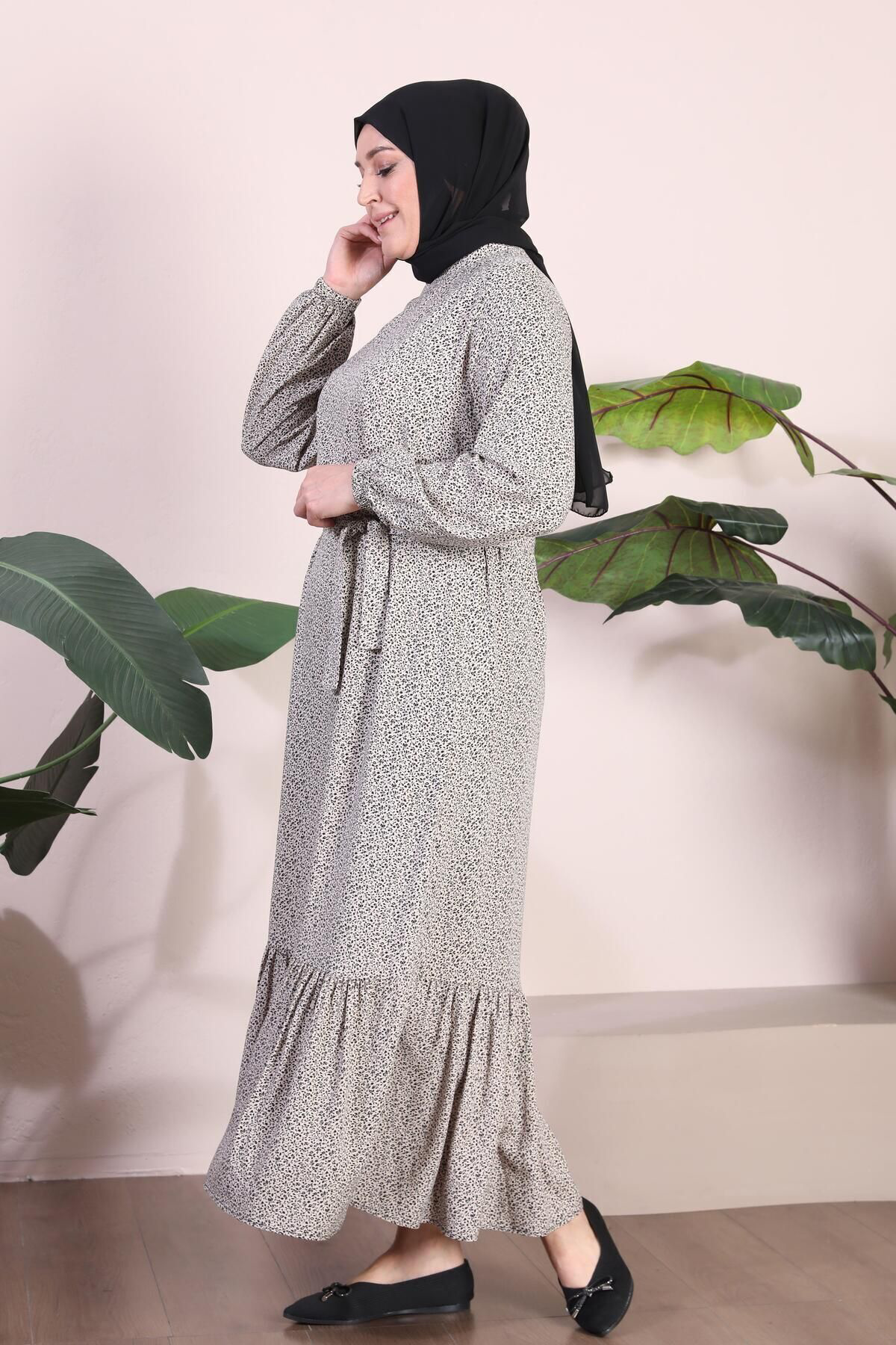 Kadin Buyuk Beden Elbise Tesettur Giyim Hakim Yaka Çıtır Desen