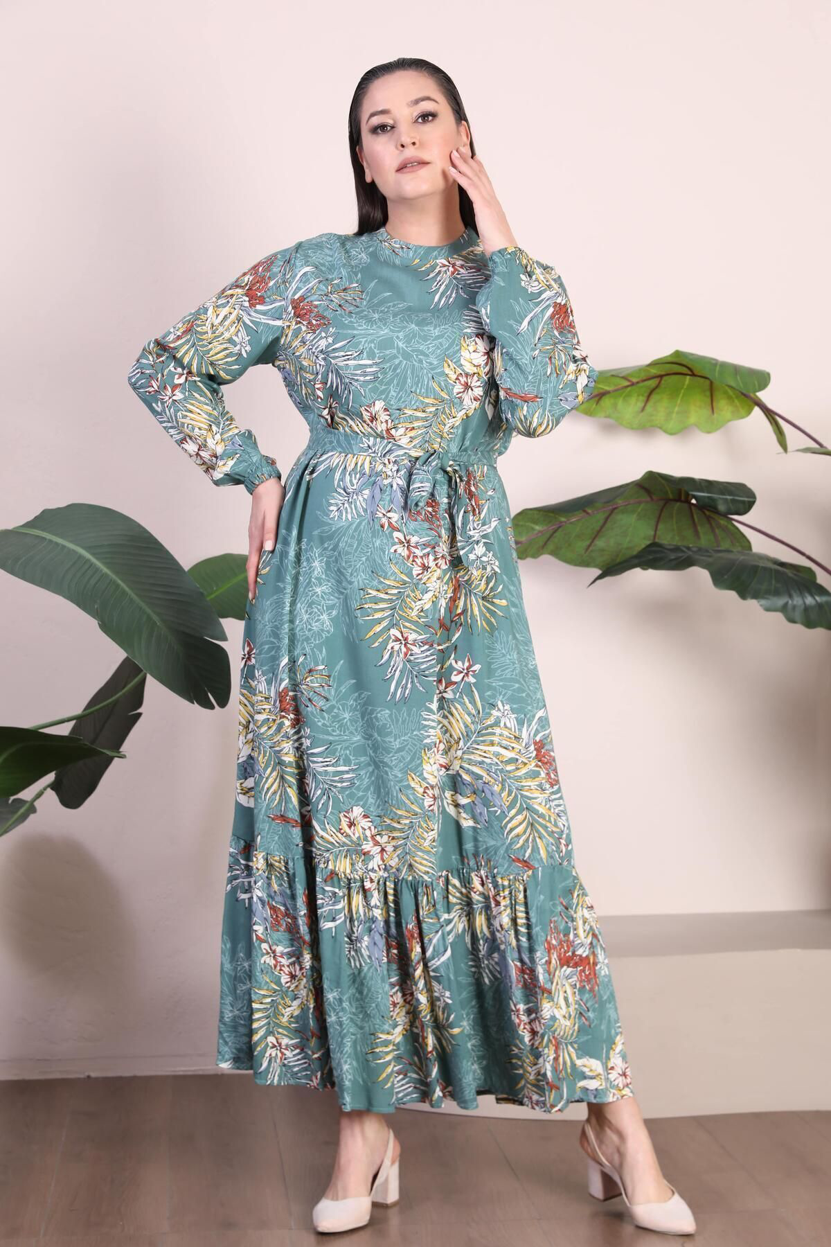 Kadin Büyük Beden Elbise Palmiye Desenli Viskon Elbise