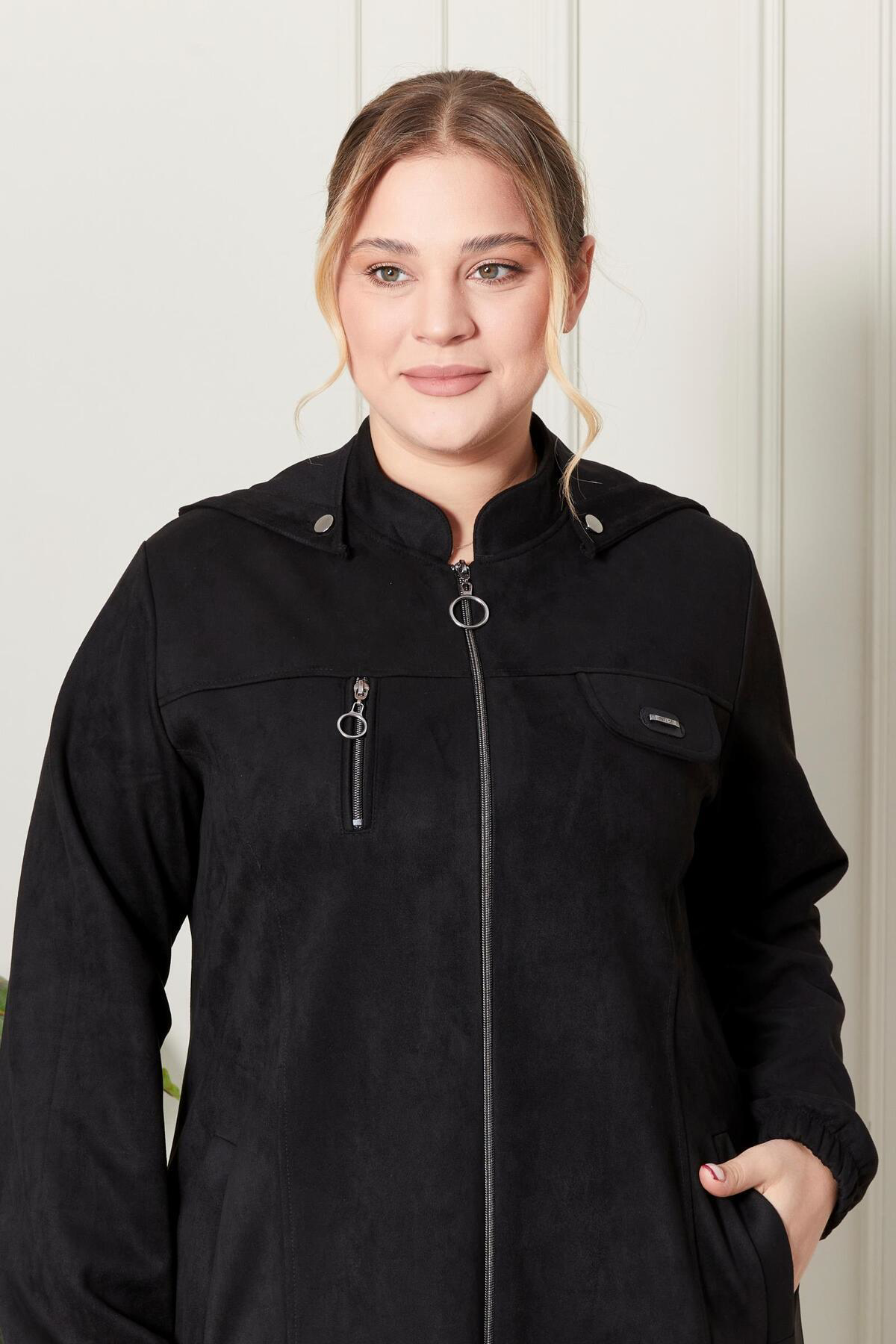 Kadın Büyük Beden Tesettür Süet Kap - Boydan Göğsü Fermuarlı Kapü