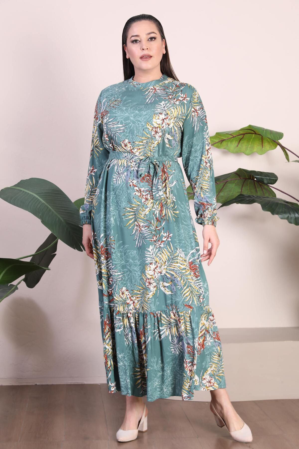 Kadin Büyük Beden Elbise Palmiye Desenli Viskon Elbise