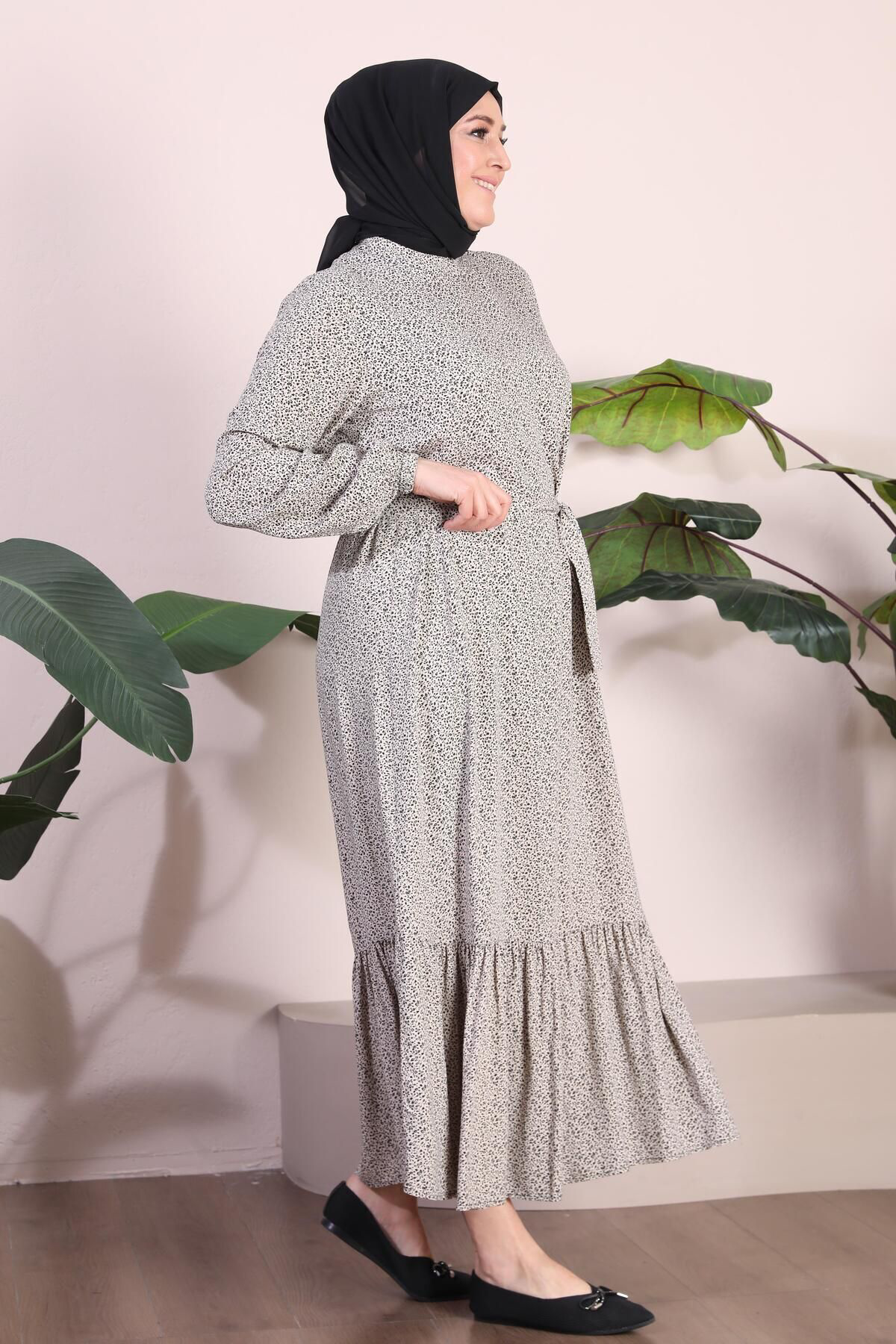 Kadin Buyuk Beden Elbise Tesettur Giyim Hakim Yaka Çıtır Desen