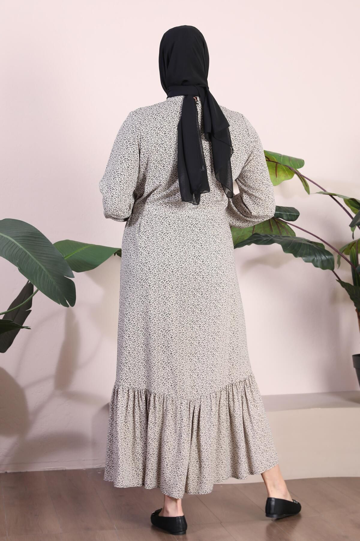 Kadin Buyuk Beden Elbise Tesettur Giyim Hakim Yaka Çıtır Desen