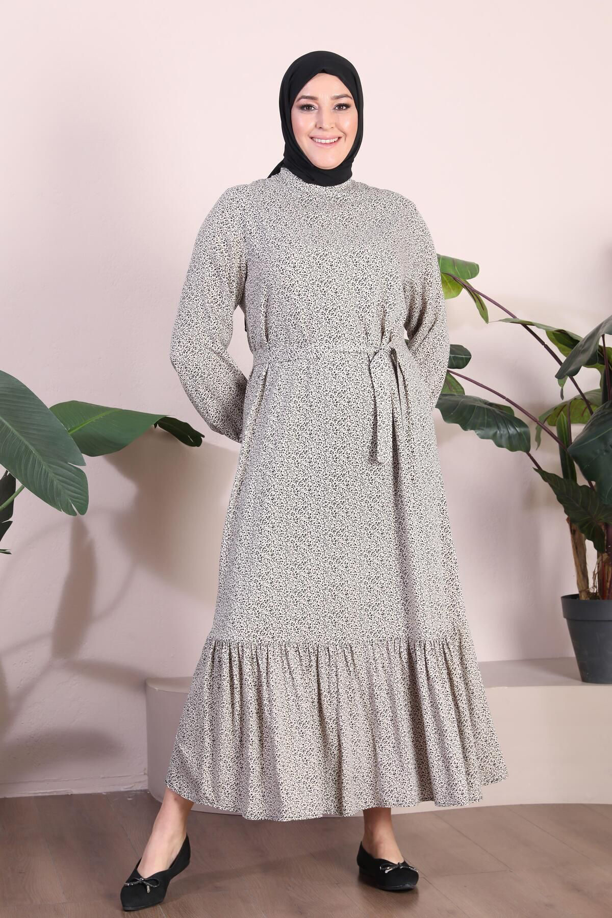 Kadin Buyuk Beden Elbise Tesettur Giyim Hakim Yaka Çıtır Desen